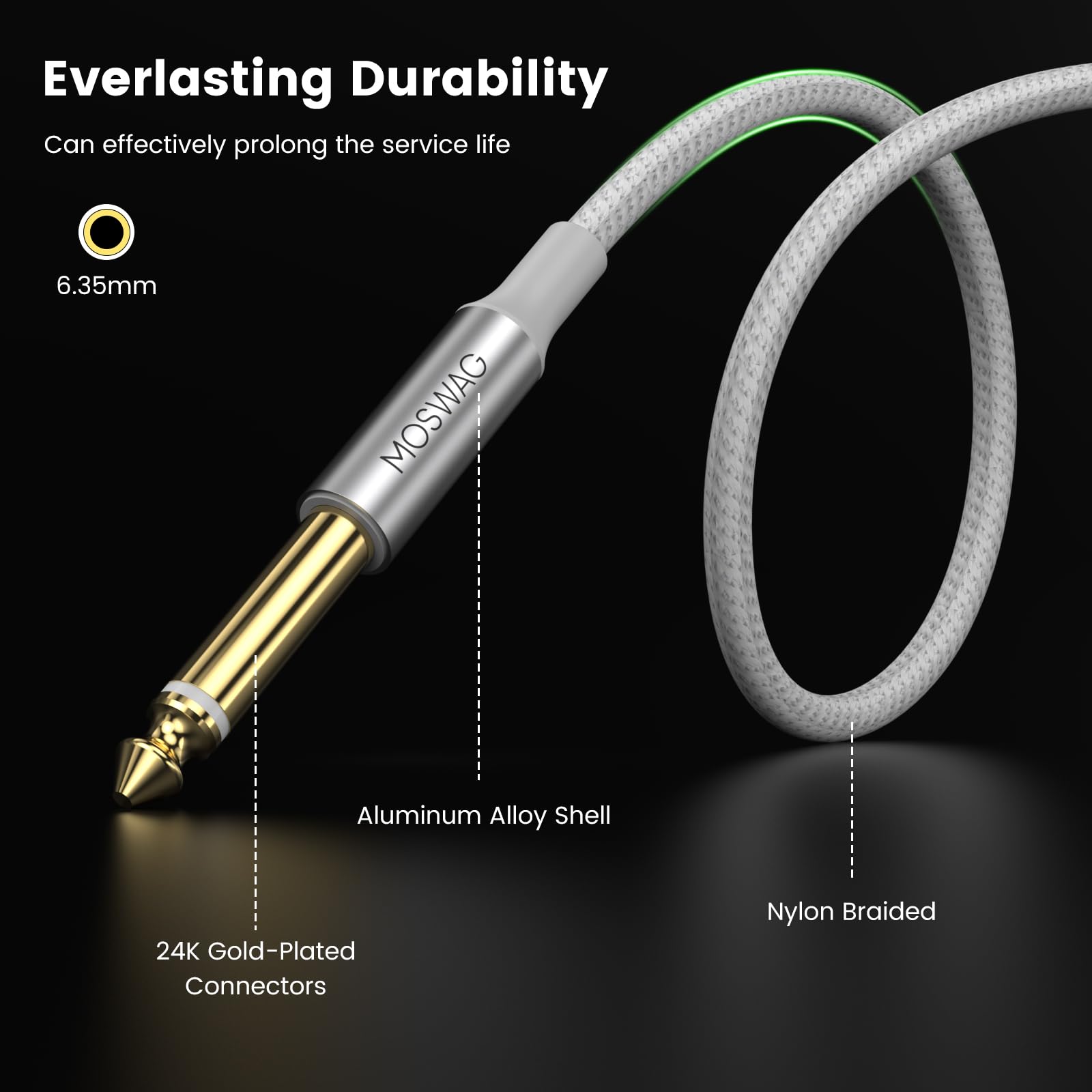 Moswag Audio Instrument Cable, 10Ft/3M 1/4 Inch Ts To 1/4 Inch Instrument Cable Professional Nylon Braided Instrument Cables For