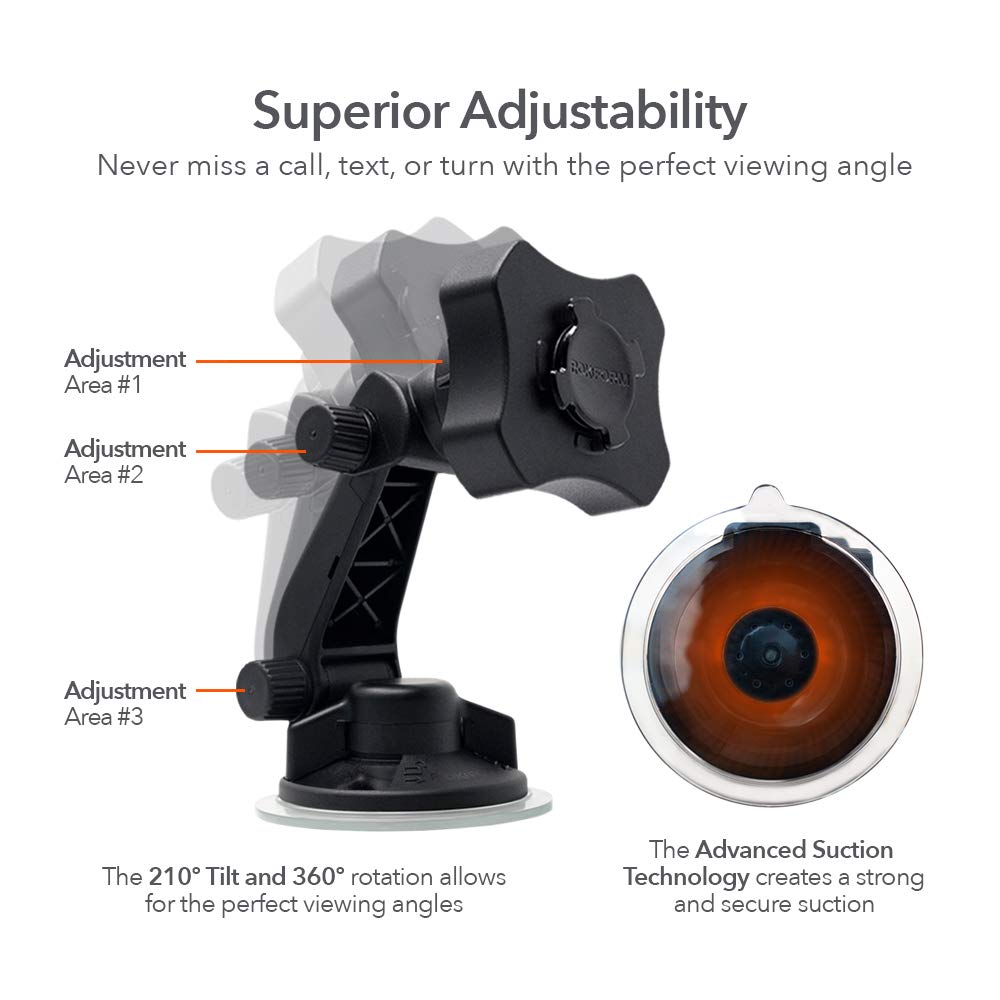 Rokform   Adjustable Windshield Phone Mount Secured by Strong Suction Cup Base, 210 Degrees of Tilt and 360 Degree of Rotation Phone Holder Compatible with ALL Rokform Twist Lock Cases