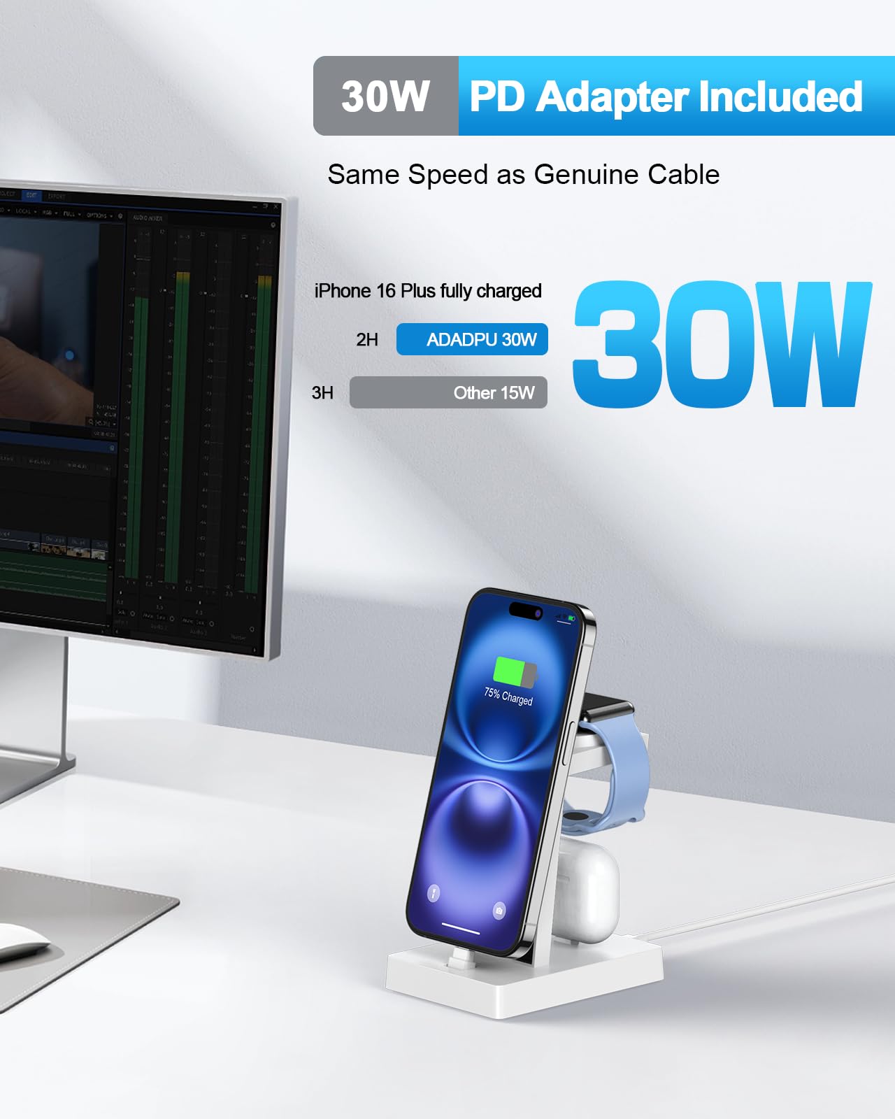 30W Fast Charging Station For Apple Devices - Adadpu 3 In 1 Usb C Charger Stand For Iphone 16 15 Pro Max Plus & Airpods 4, Wirel