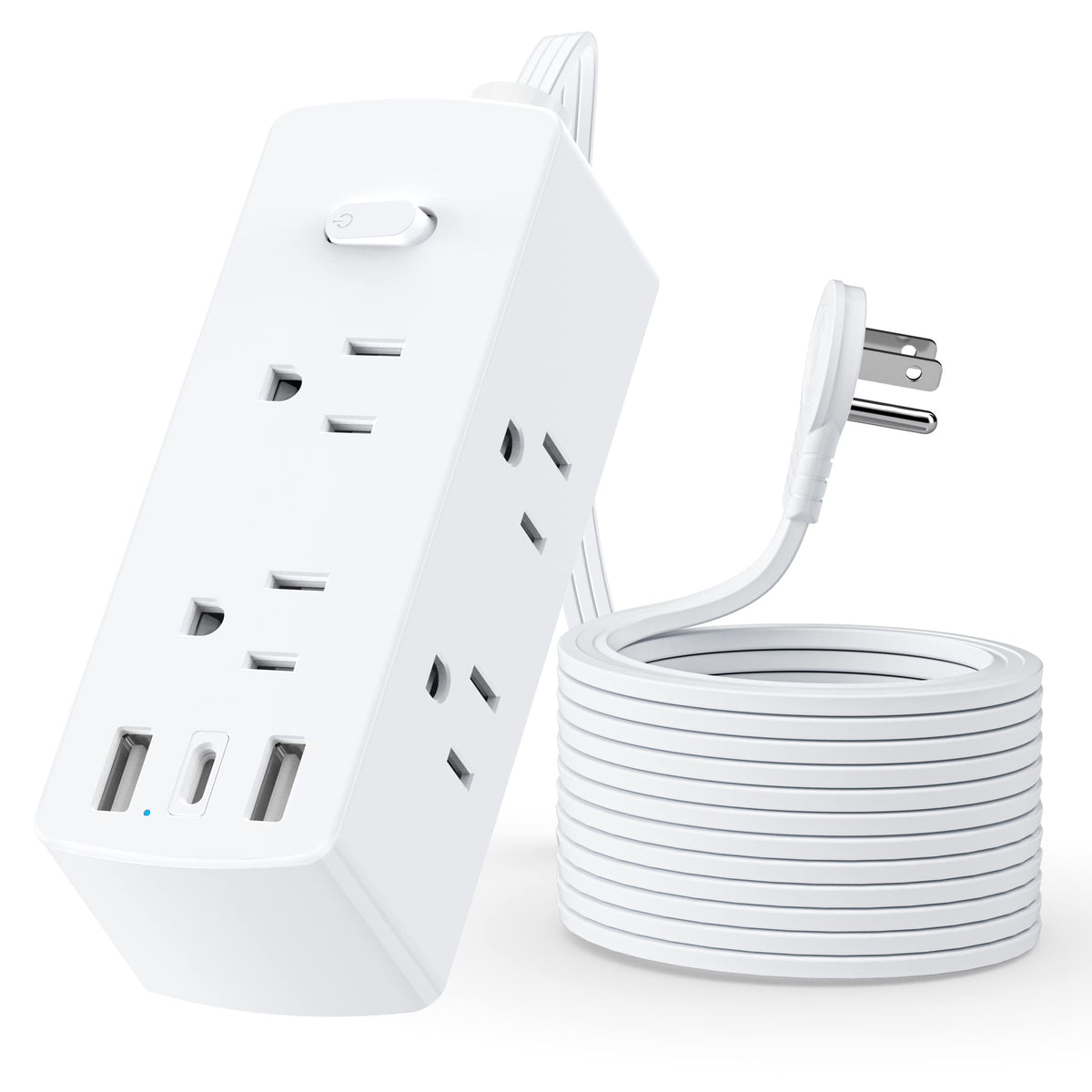 Extension Cord 25 Ft, Power Strip Surge Protector With 6 Outlets 3 Usb Ports(1 Usb C), Ultra Thin Flat Plug, 3 Side Outlet Exten