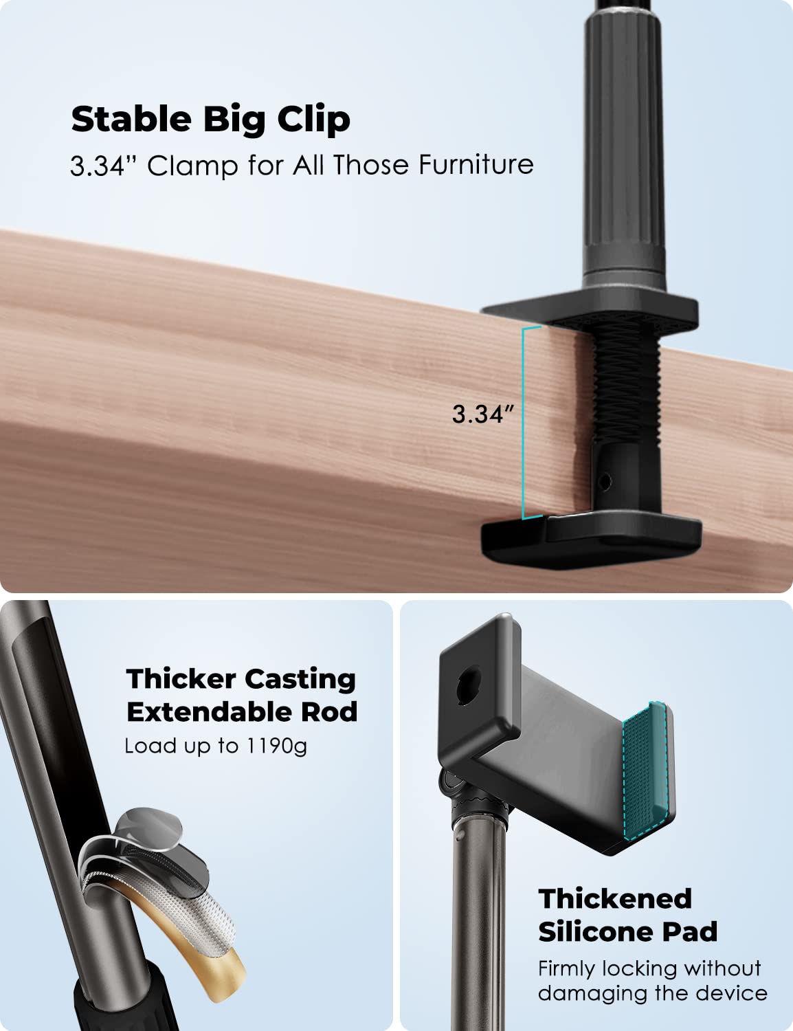 Viozon Phone Holder, Flexible Long Arm,Overhead Mount,360 Angle Adjustable,Aluminum Alloy, C Clamp For Headboard Bedside&Table&D