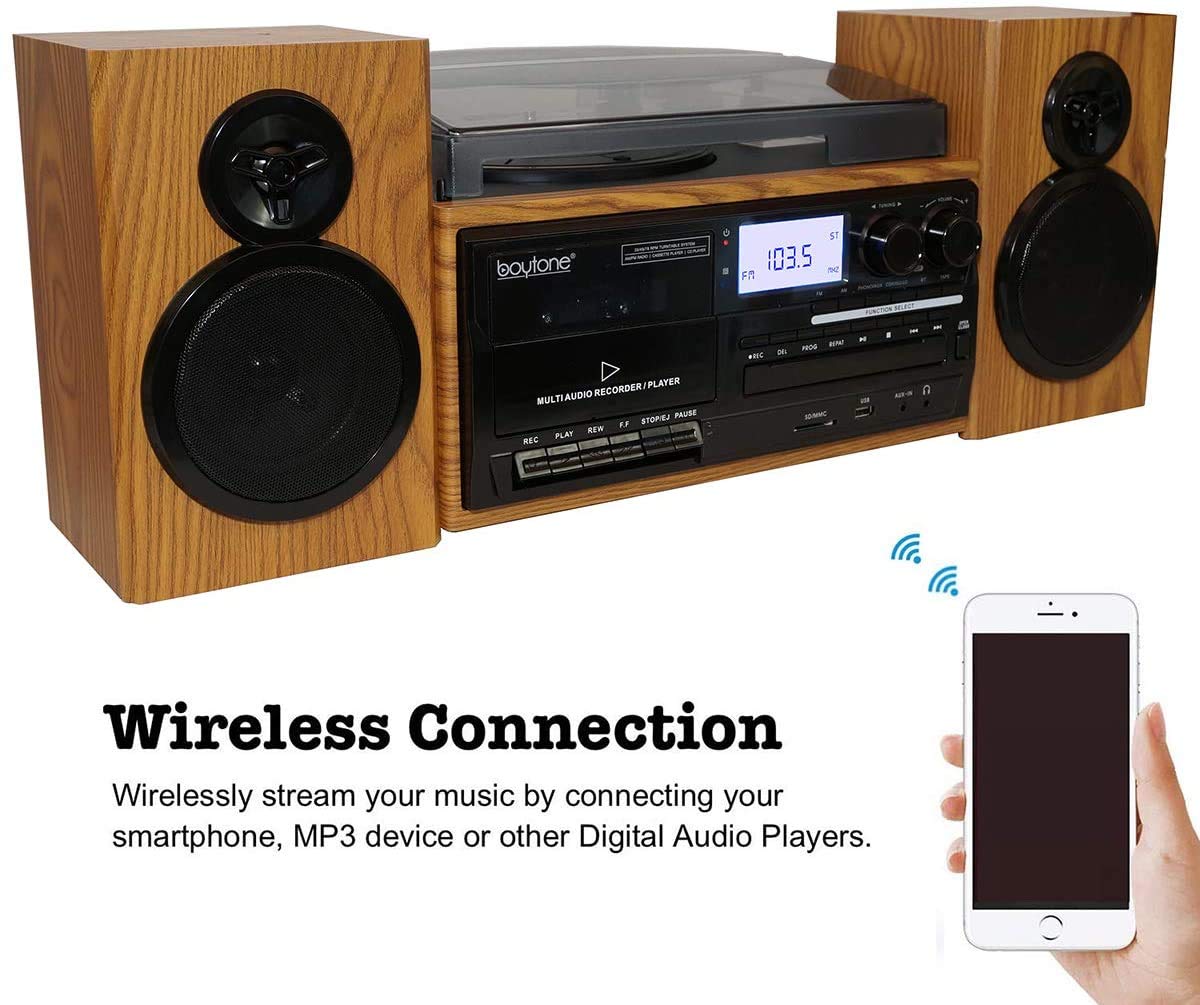 Boytone Bluetooth Classic Style Cd Player Turntable With Am/Fm Radio, 2 Separate Stereo Speakers, Record From Vinyl, Cassette To