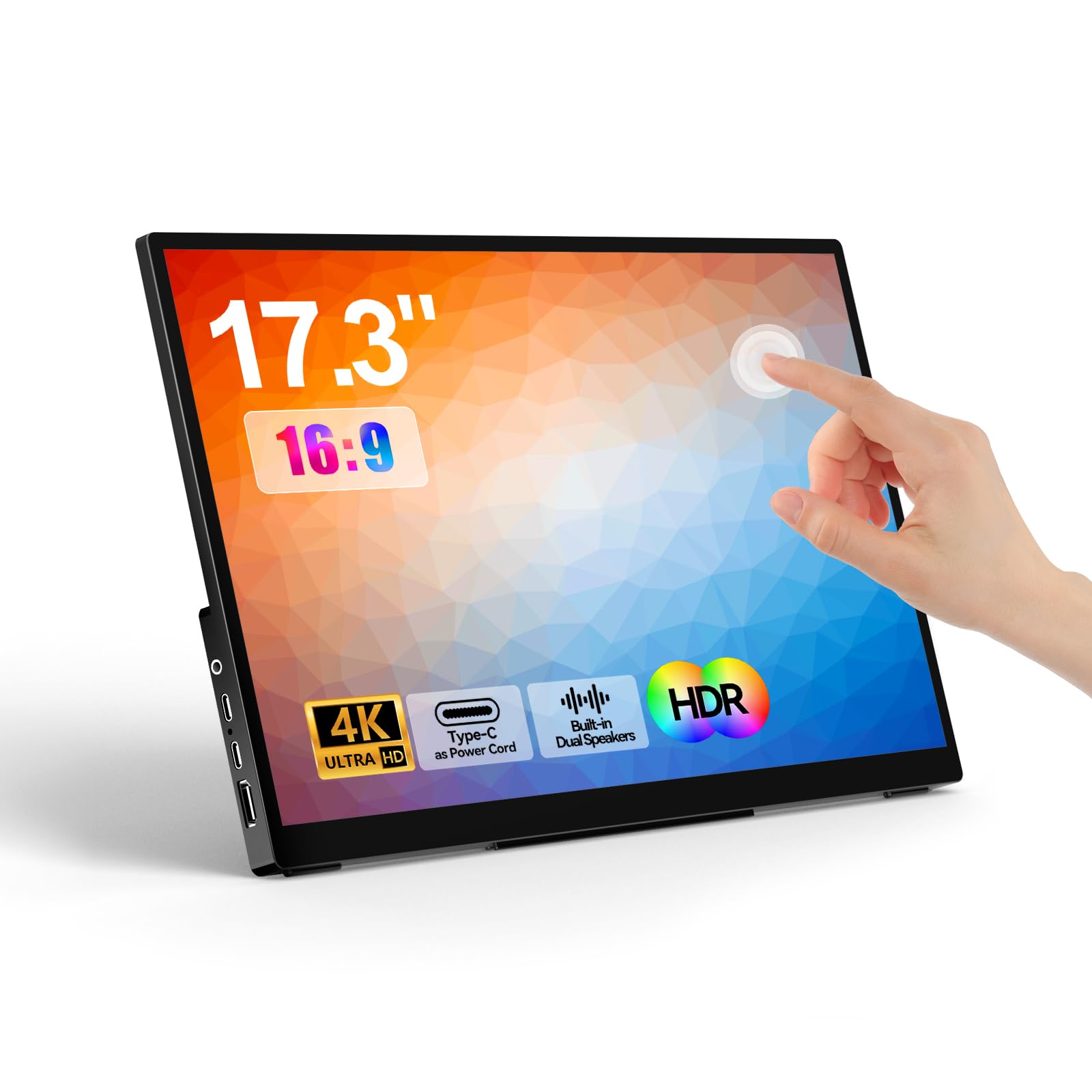 WCKUN Portable Monitor Touchscreen 17.3 Inch 4K 60Hz 3840x2160 UHD Metal Frame,Travel Monitor with Kickstand& Dual Speaker,USB C