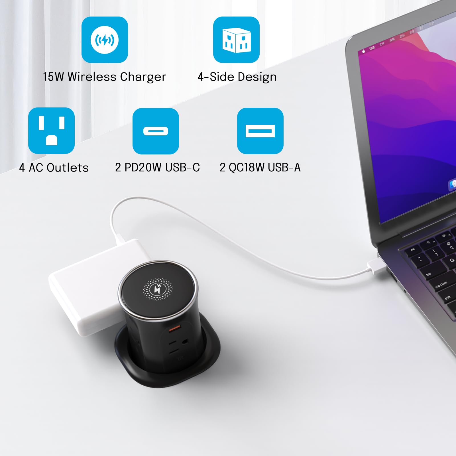 3.15In Pop Up Countertop Outlet With 15W Wireless Charger, Max 20W Usb Power Delivery 15A Tamper Resistant, Desktop Surface Moun