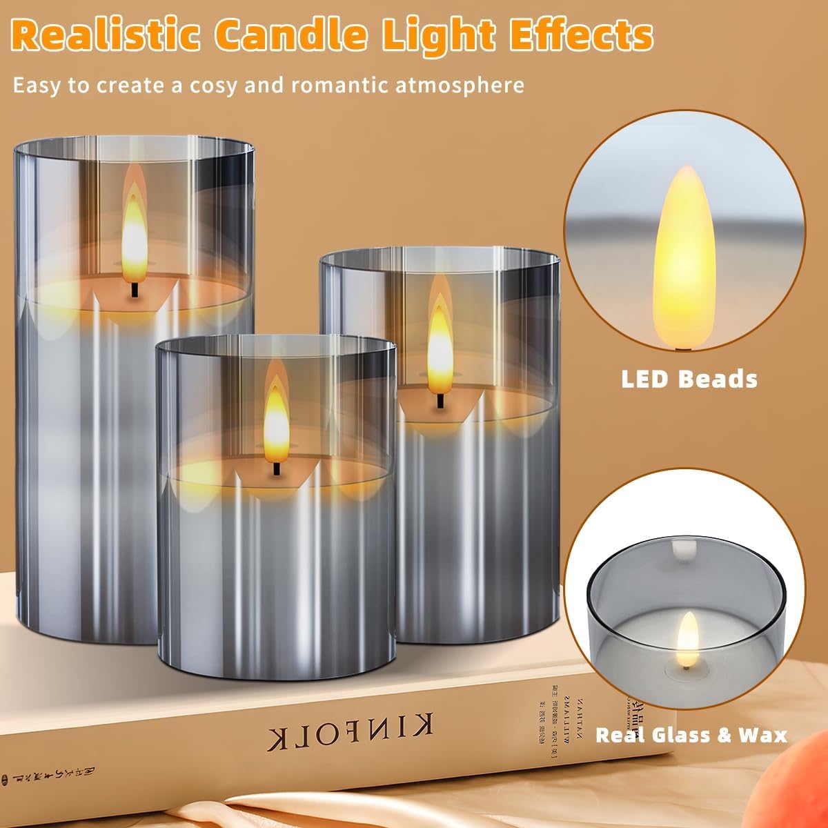 Gray Glass Flameless Candles Flickering With Remote, Timer, Battery Operated Moving Wick Realistic Warm Light Real Wax Led Candl