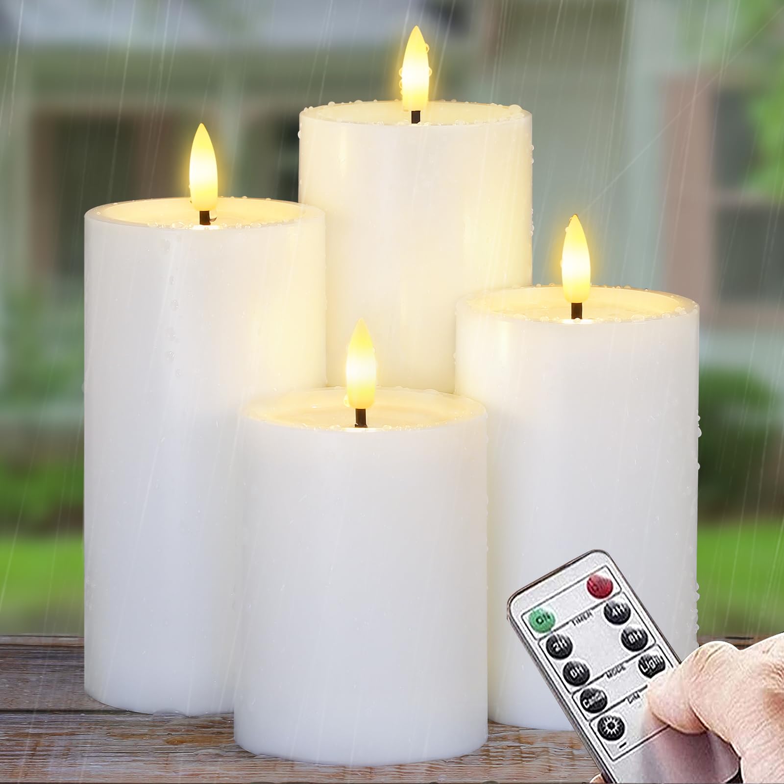 Yeelida Outdoor 4pcs Flameless Waterproof Candles with Handy Remote Control, Cycle Timer Battery Operated Candle Grease Effect L