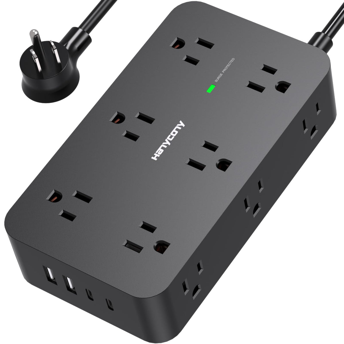 Power Strip Surge Protector With 12 Outlets 4 Usb Ports(2 Usb C), Black Flat Extension Cord 6 Feet, 1800J, Wall Mount, Desk Char