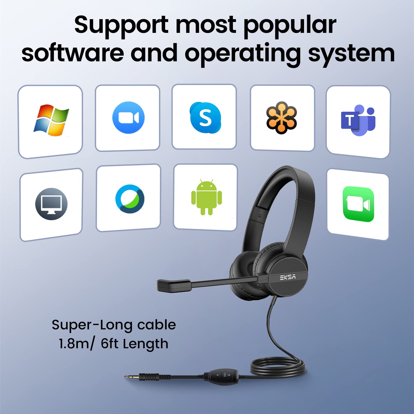 Eksa Headset With Microphone For Pc, 3.5Mm Wired Computer Headsets With Volume & Mic Mute Controls, Lightweight All Day Comfort