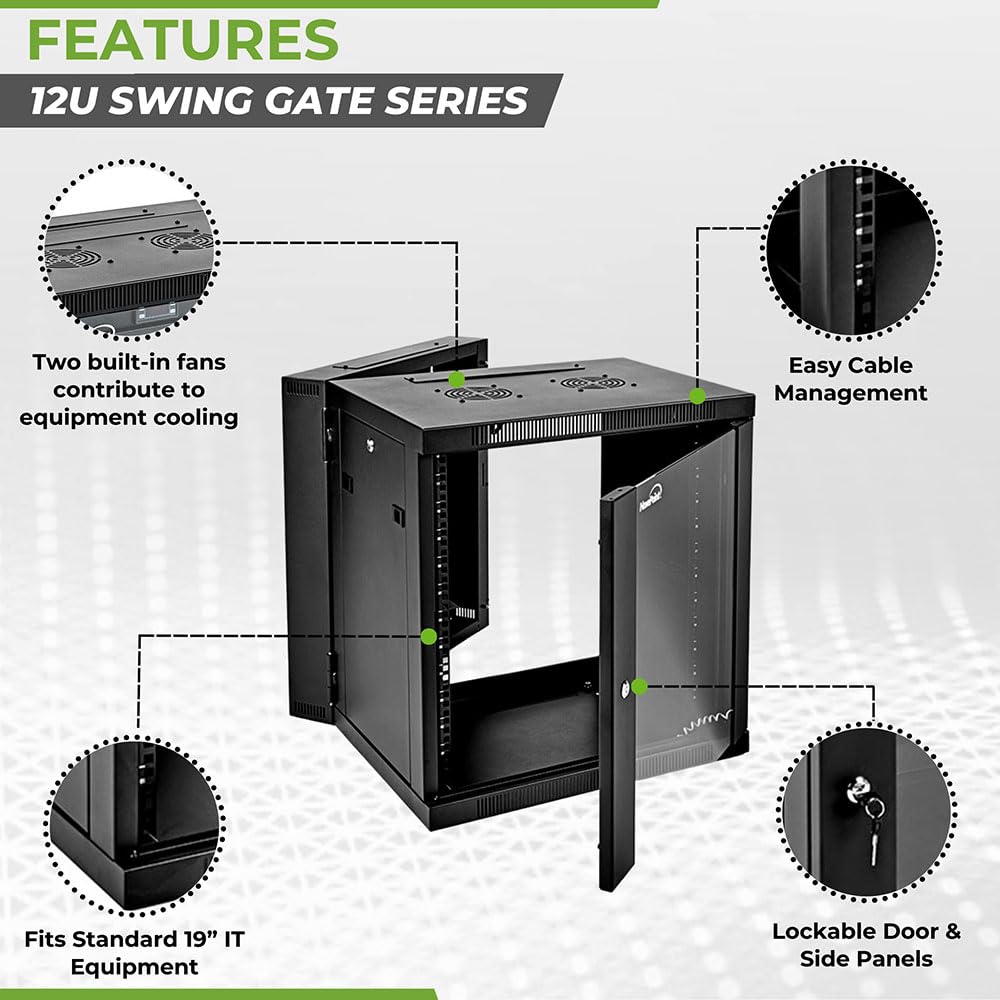 Navepoint 12U Server Cabinet With Hinged Back   17.7    Deep, 12U Server Rack Enclosure With Locking Glass Door, Wall Mount Rack