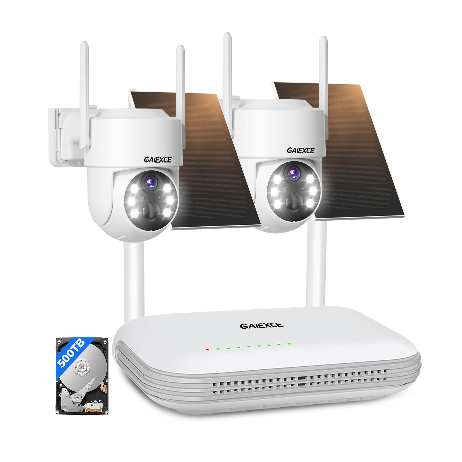 Gaiexce Wireless Solar Camera System Outdoor, 2Pcs 4Mp Home Battery Camera With 500Gb Hdd, ?No Monthly Fee?, Pan Tilt 360 View, 