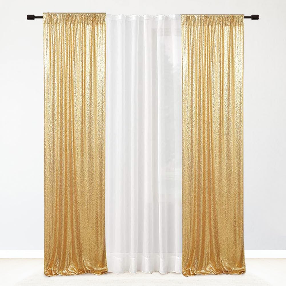 Eternal Beauty Gold Sequin Backdrop Curtain 2 Panels, Gold Curtain Backdrop For Party Decoration (W2 X H8Ft 2Pcs)