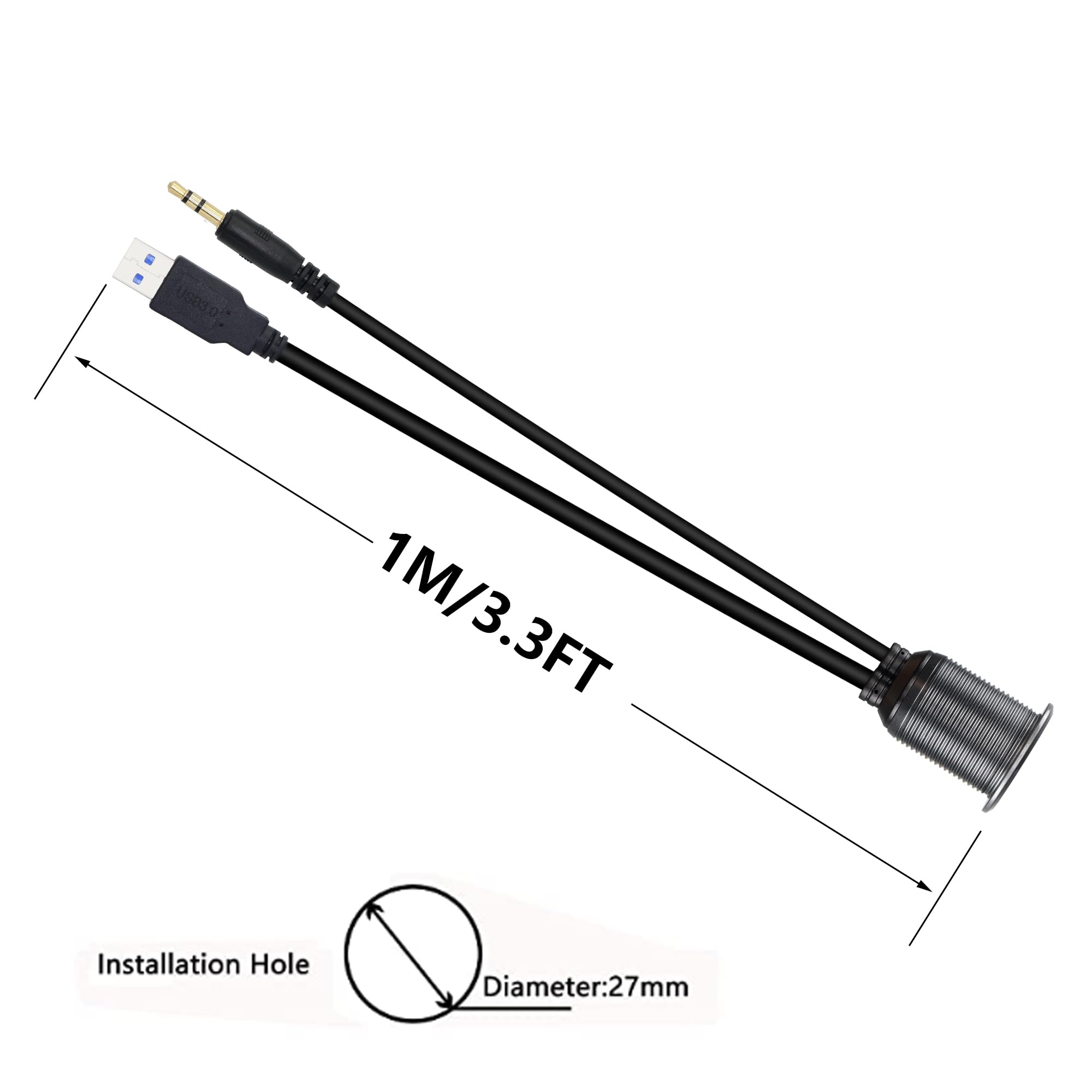 Sinloon Usb 3.0 & 3.5Mm Car Mount Flush Cable 3.3Ft Usb 3.0 Flush Mount Cable Aux Extension Dash Panel Waterproof Mount Cable Fo