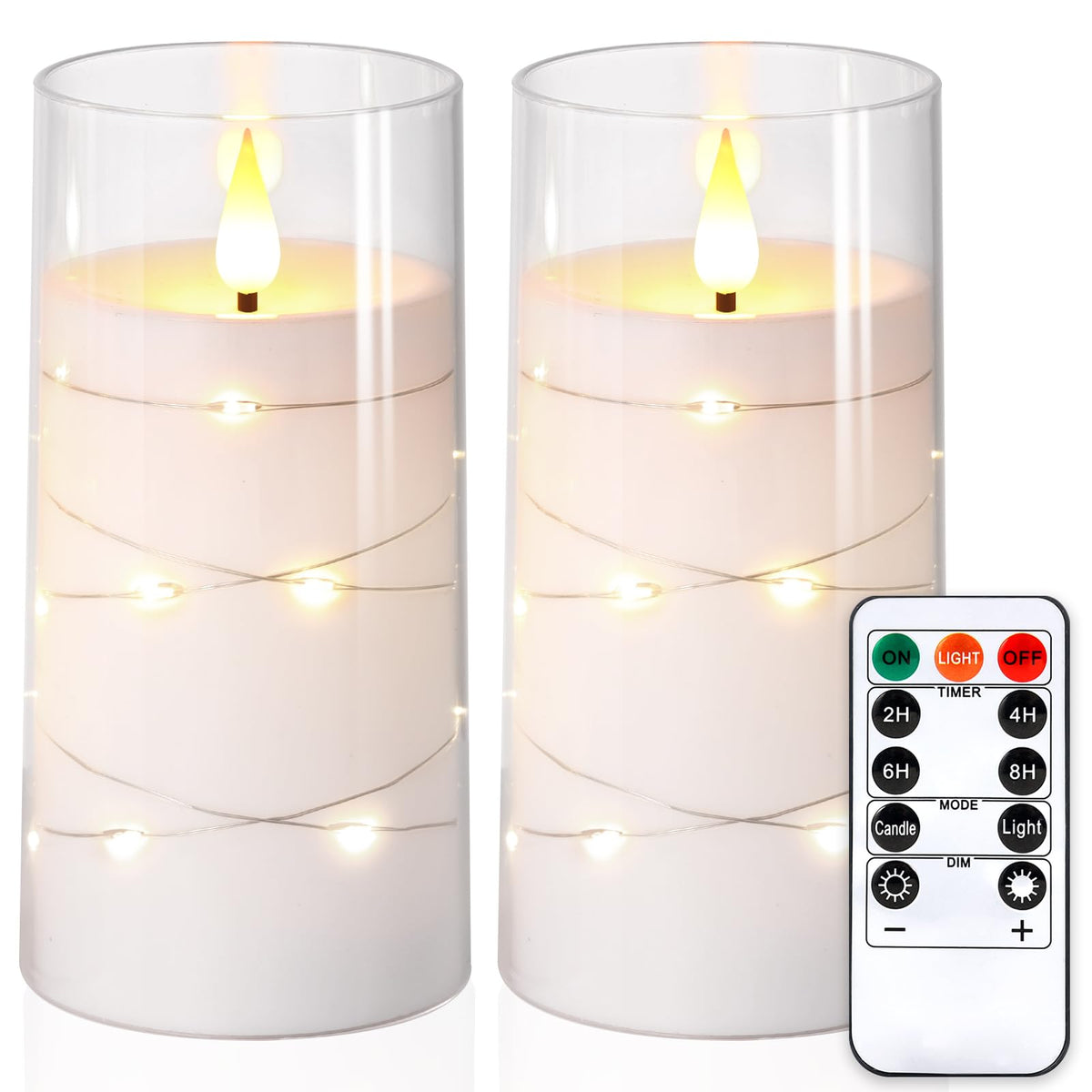 NURADA Flickering Flameless Candles: Built-in Star String Lights, Acrylic Battery Operated LED Pillar Candles with Remote and Ti