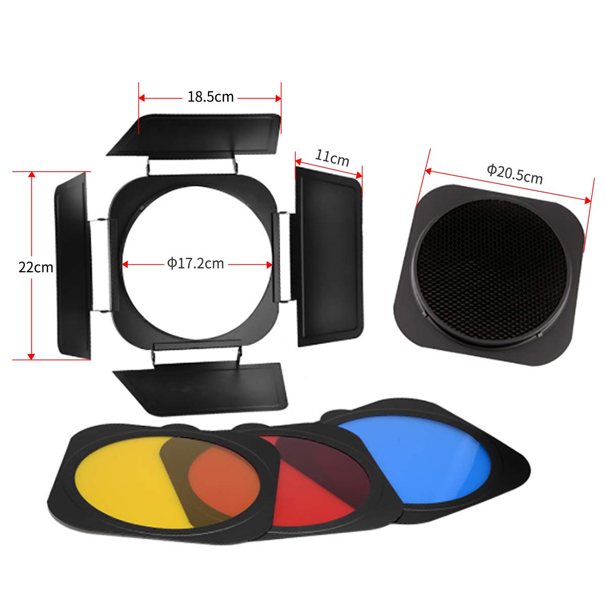 Jinbei Modifier Barn Door With Honeycomb Grid Bowens Mount With 7.9''/ 20Cm Standard Reflector 3 Color Filter Gels Accessories K