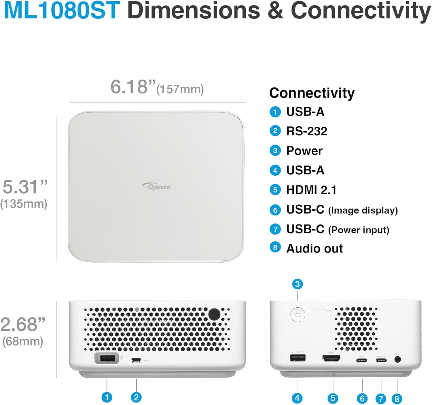 Optoma Ml1080St Ultra Portable Short Throw Full Hd Laser Projector, 1200 Lumens