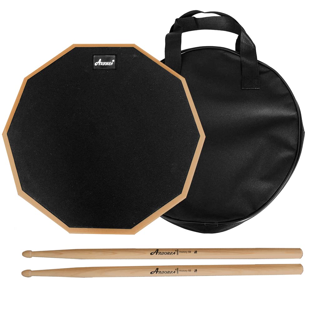 Arborea 12 Inch Drum Pad Rubber Practice Pad Dumb Drum With 5A Hickory Drum Sticks & Storage Bag Black Practice Drum Pad (Black)
