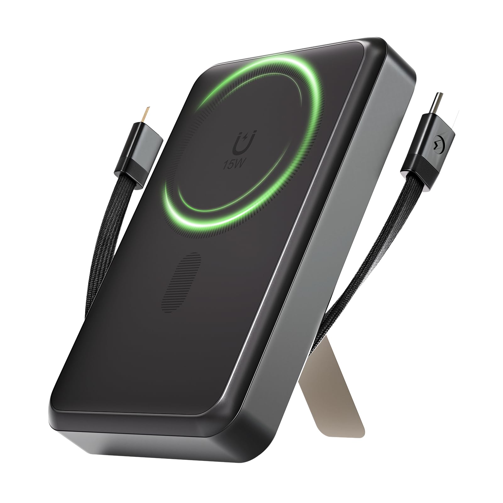Magnetic Power Bank 10000mAh for Samsung & Android, 4in1 Portable Charger with Builtin TypeC/Lightning Cables and Foldable S