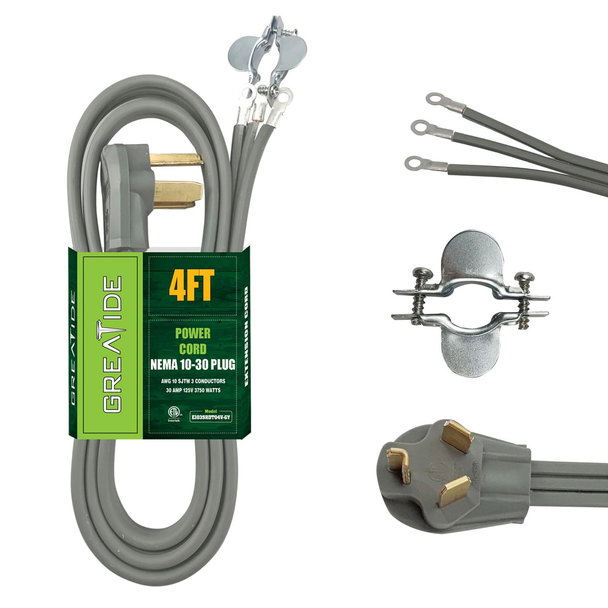 Greatide 3 Prong Dryer Cord, 4 Ft 10/3 Srdt, 30 Amp Appliance Extension Power Cord, Nema 10 30 Plug, Grey