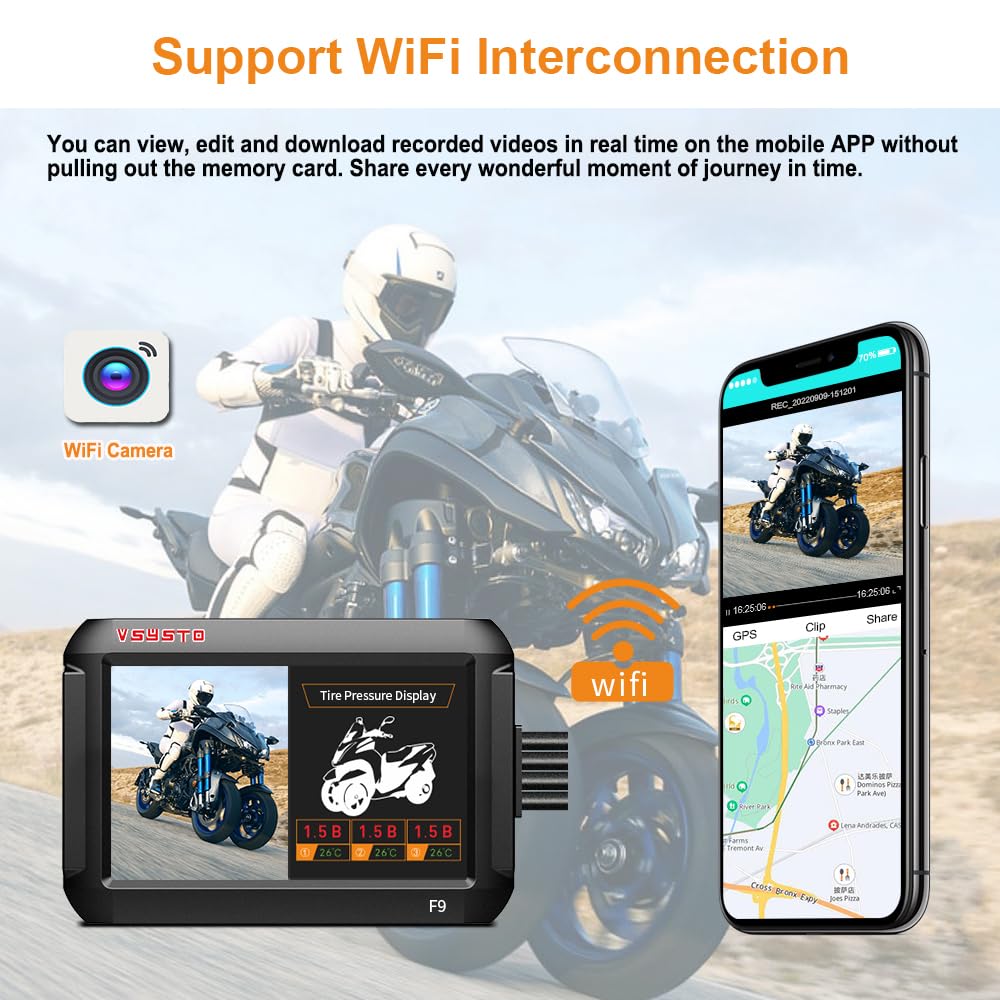 Vsysto Motorcycle Dash Camera With 3 Tire Pressure Sensors, Wifi Waterproof Gps 4'' Screen Hd 1080P 150 Wide Angle S-Ony307 Fron