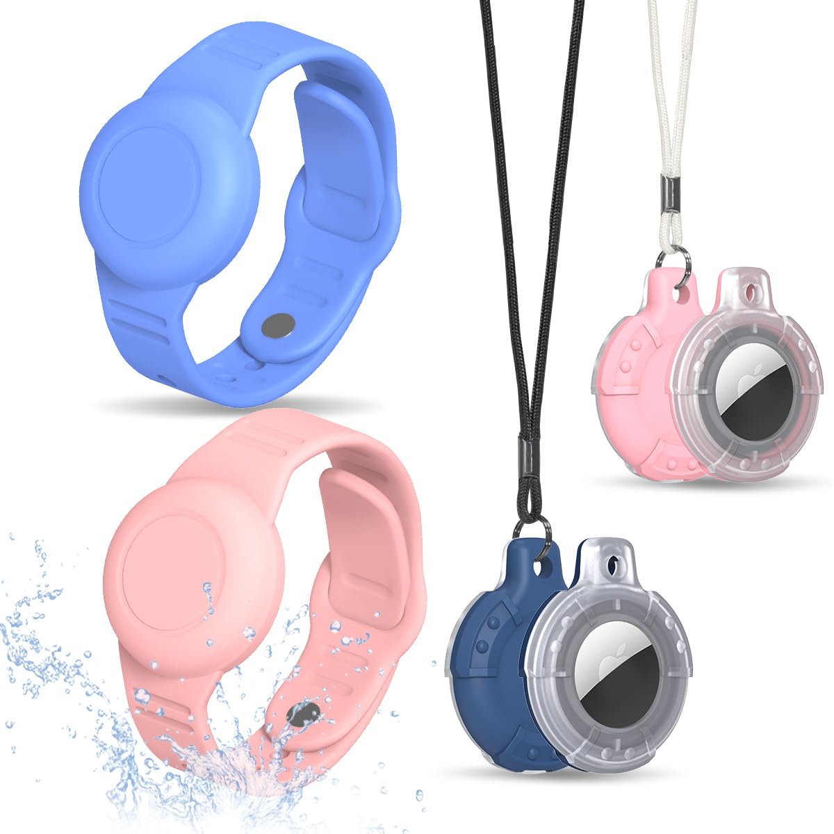 [4 Pack] Compatible for Air tag Holder Waterproof, Kids Air tag Bracelets & Kids Air Tag Necklace Adjustable | Full Coverage | S