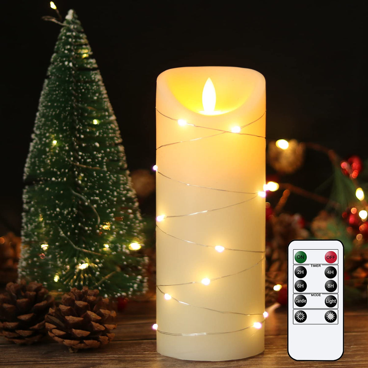 Dromance Large Flameless Pillar Candle String Light With 10-Key Remote And Timer, 2 C Batteries Operated Moving Wick Dancing Fla