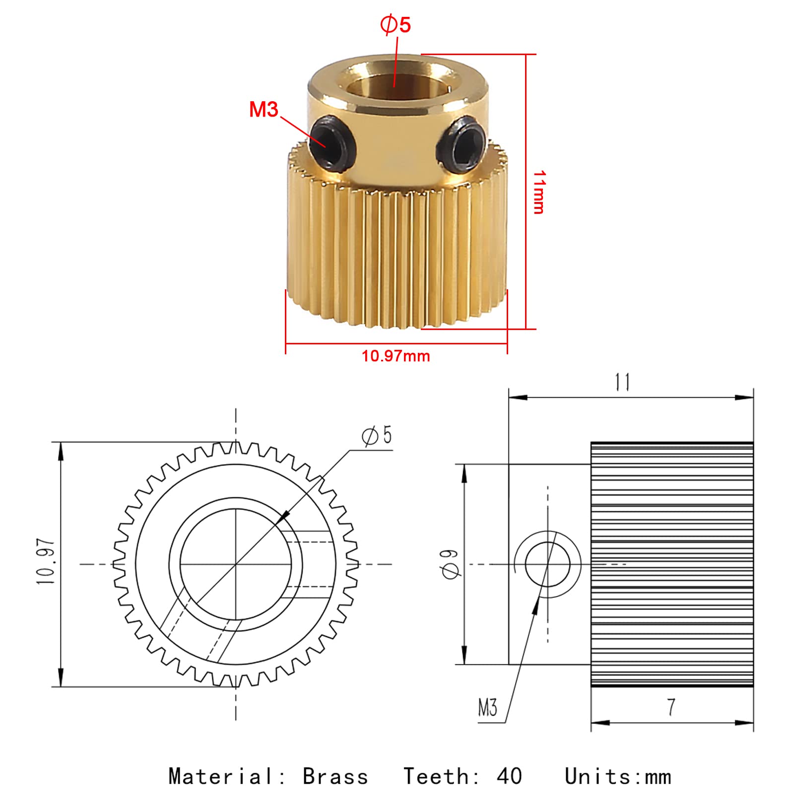 15Pcs Extruder Wheel 40 Teeth Gear Brass Extruder Wheel Gear 3D Printer Parts Compatible With Cr 10, Cr 10S, S4, S5, Ender 3, En