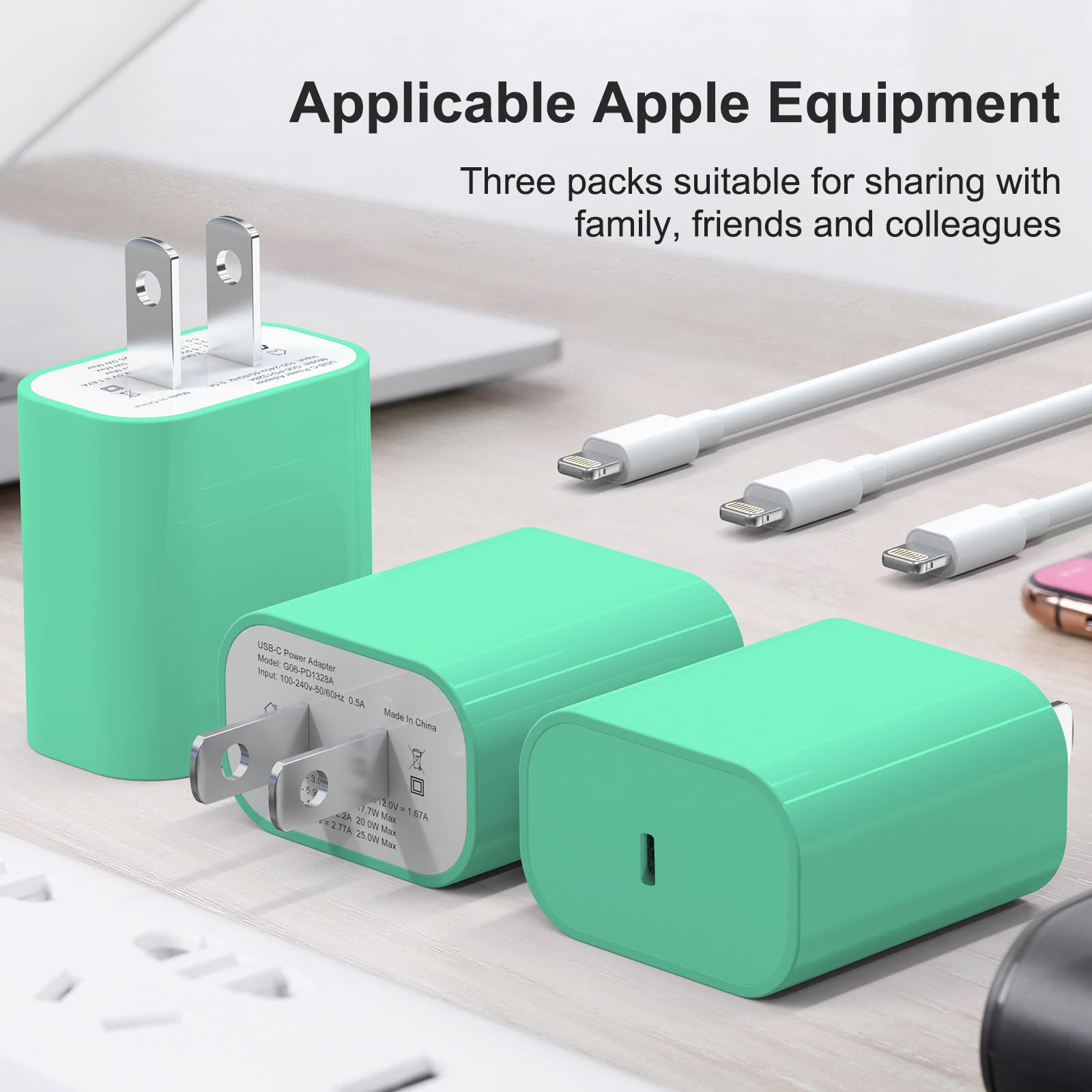 [Mfi Certified] 3 Pack For Iphone 14 13 Fast Charger, 20W Pd Usb C Wall Charger Adapter With 3 Pack 6Ft Type C To Lightning Cabl