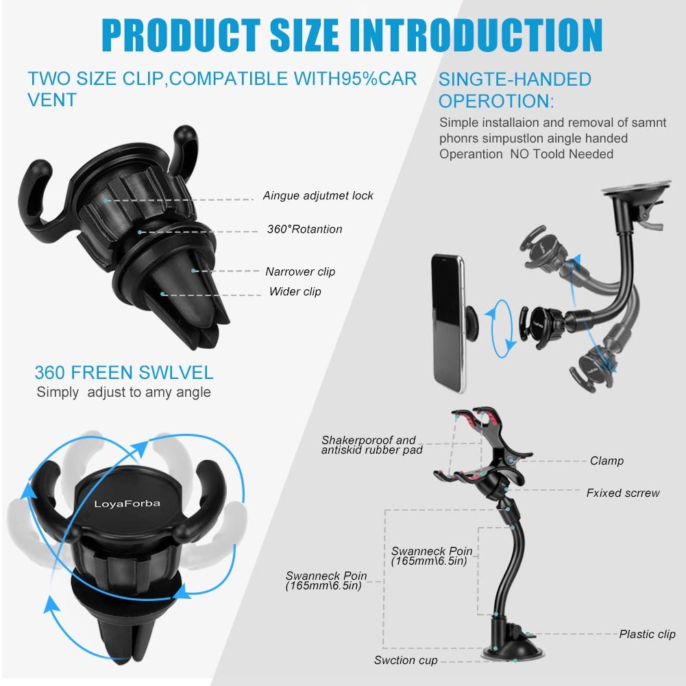 Loyaforba Car Phone Mount, Universal Phone Holder For Car Cell Phone, 360 Degrees Dashboard Desk Wall Bracket For Gps Navigation
