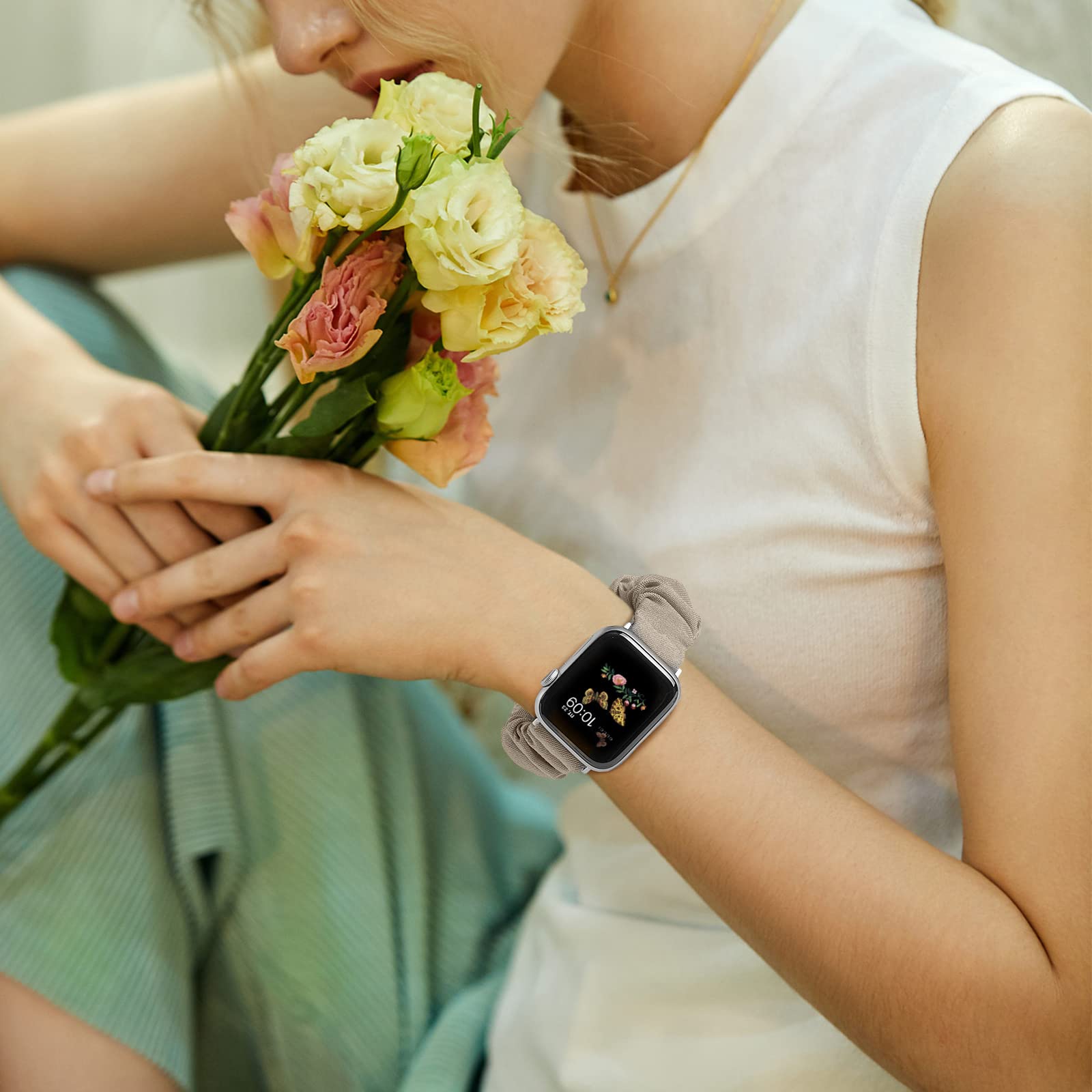 Recoppa Compatible For Apple Watch Band Scrunchie 38Mm 40Mm 41Mm 42Mm 44Mm 45Mm 46Mm Cute Printed Elastic Solo Loop Bands Women