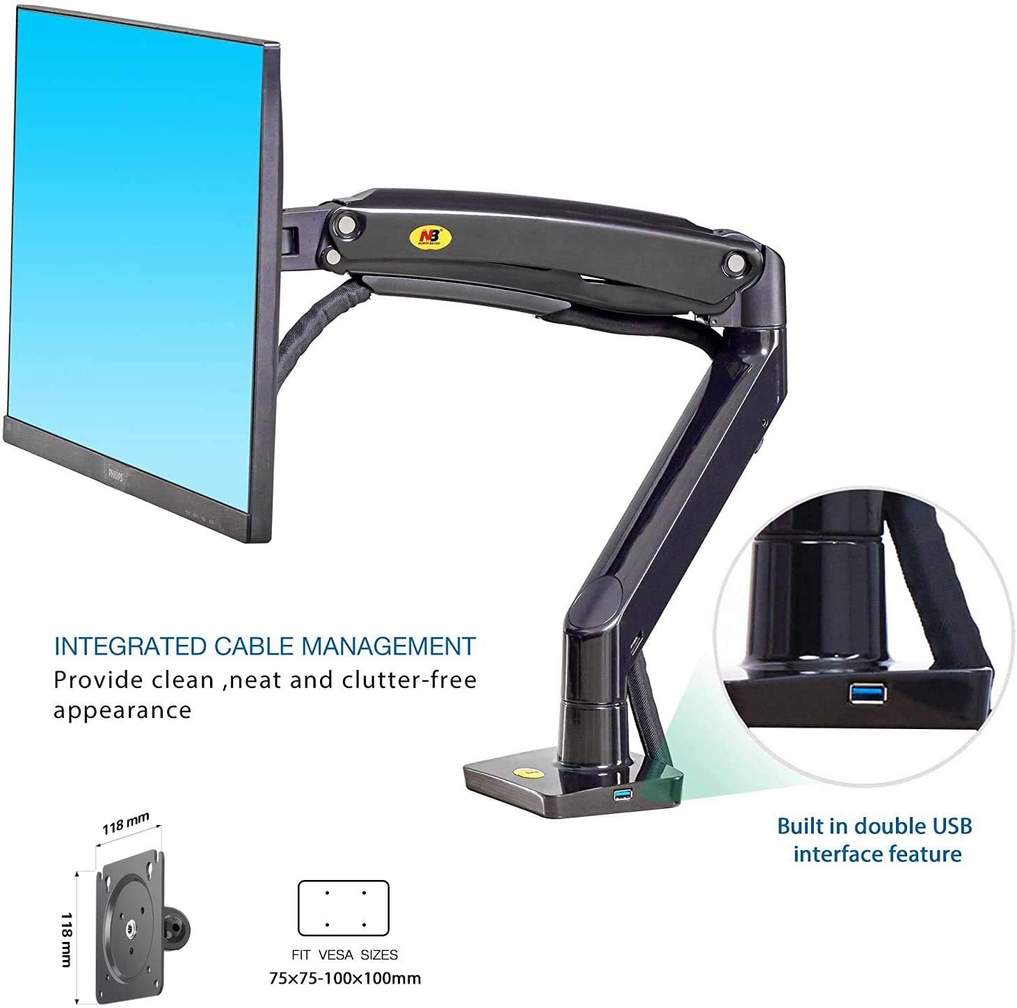 North Bayou Desk Mount Full Motion Swivel Computer Monitor Arm With 13 Inches Adjustable Height For Screens Up To 30 Inches, Bla
