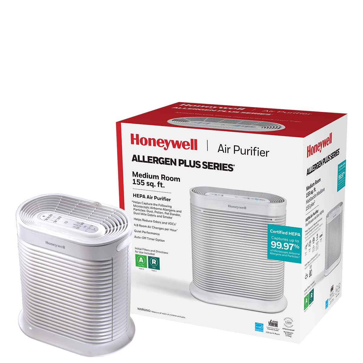 Honeywell AllergenPlus HEPA Air Purifier, Airborne Allergen Reducer for Medium Rooms, Reduces Allergens, Smoke, Wildfire Smoke, 