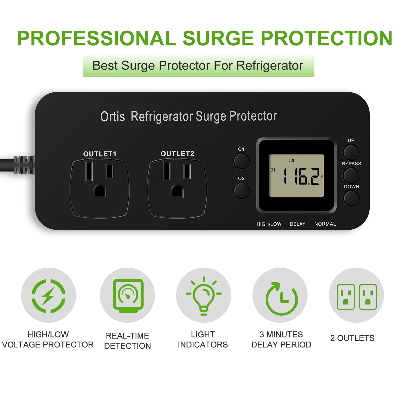 Refrigerator Surge Protector, Ortis Double Outlet Electronic Surge Protector For Home Appliances With Time Delay & Real Time Ele