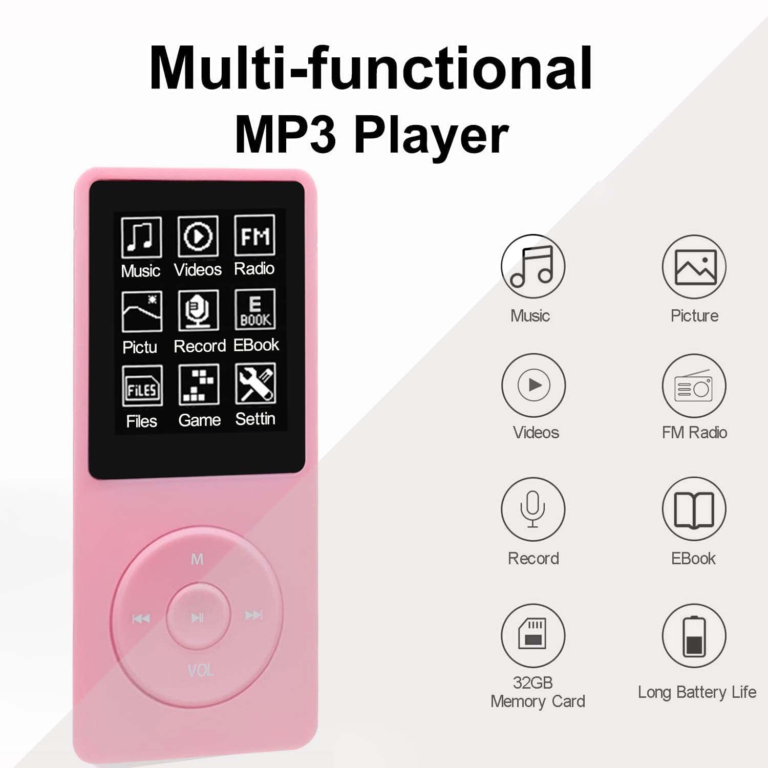 64Gb Mp3 Player, Portable Music Player For Kids With Earphone Speaker, Support Photo/Video Play/Voice Recorder/E Book Reader, Pi