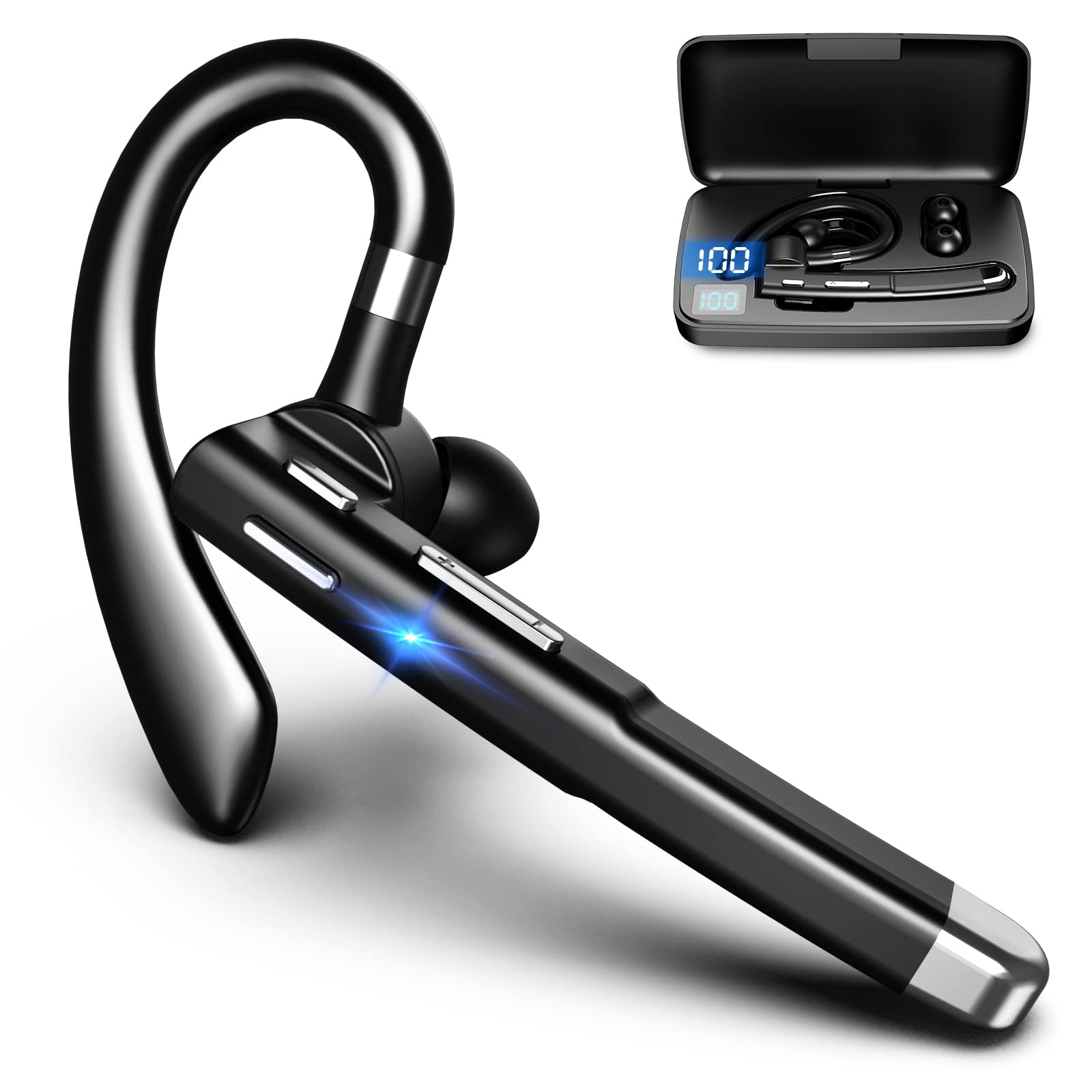 Hsility Bluetooth Headset For Cell Phones 500Hrs Standby Time With Led Charging Case 270 Degrees Rotatable Mic Hands Free Blueto