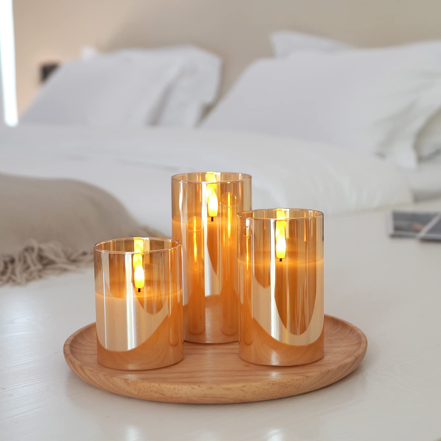 Amagic Glass Flameless Candles Battery Operated With Timer, Remote Control, Led Pillar Candles Battery Powered, Wax, Amber, Set