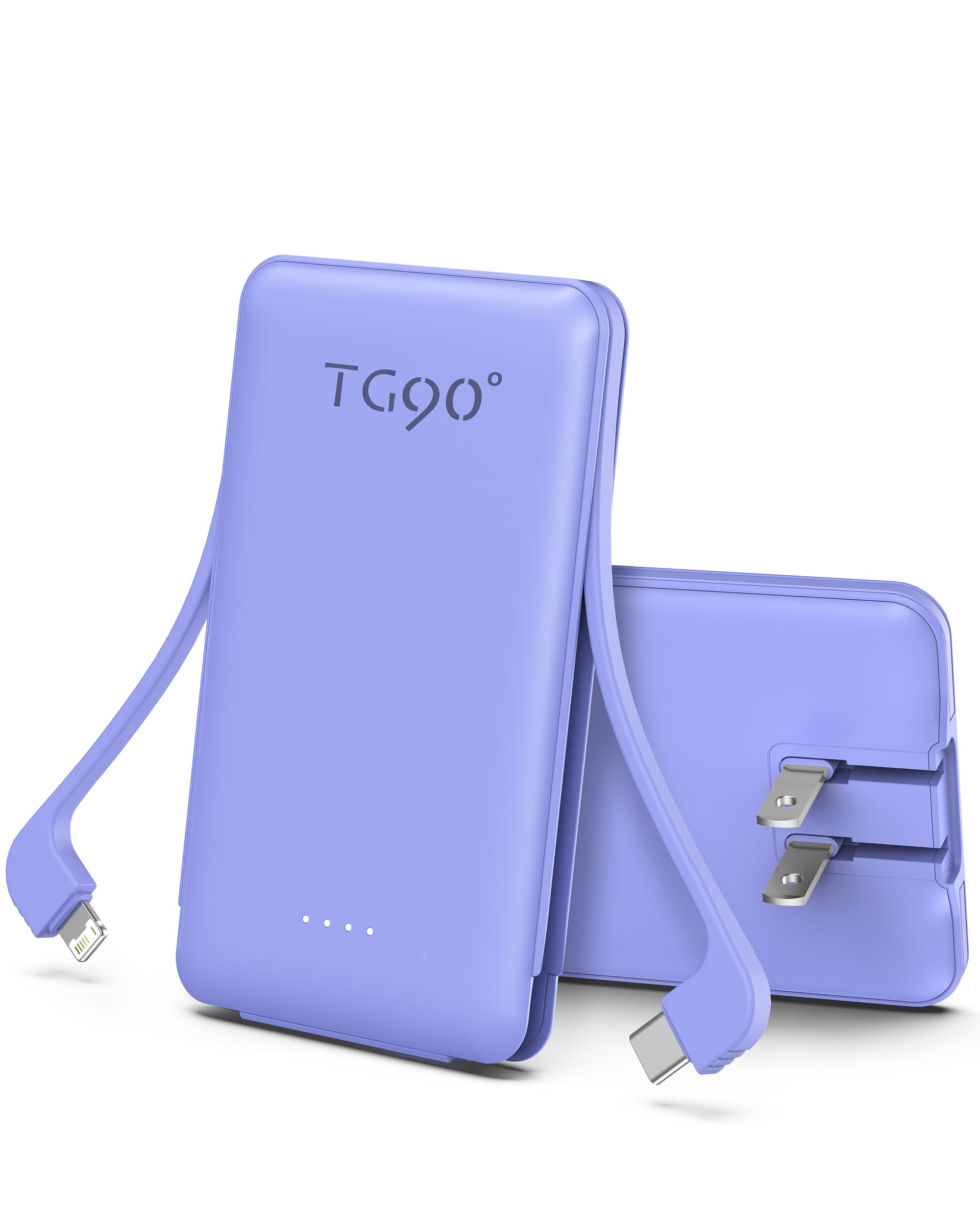 Tg90 Ultra Mini Power Bank With Built In Foldable Ac Wall Plug And Cables, 5000Mah 3 Outputs External Battery Pack Portable Phon