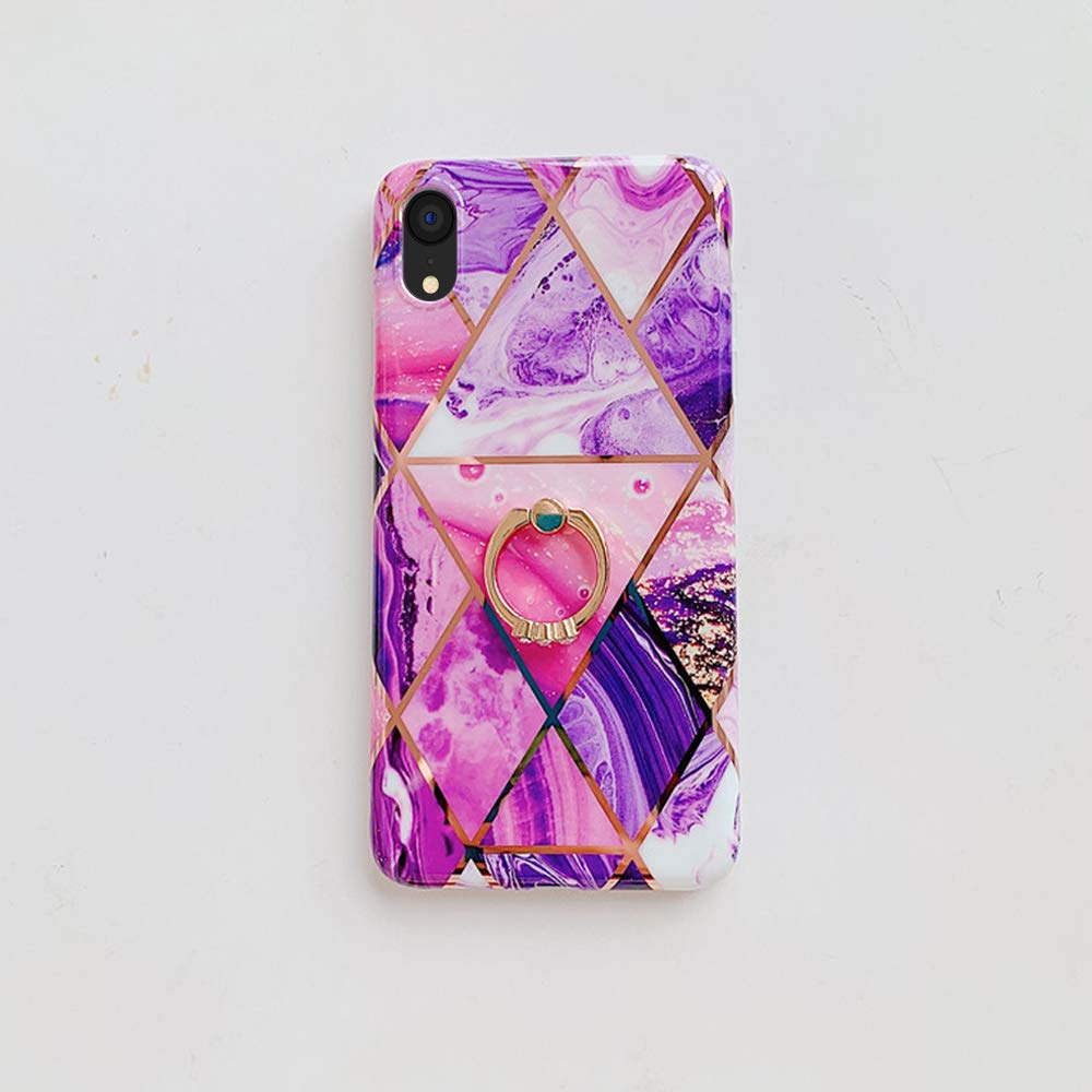 Qokey iPhone XR Case Marble Design 360 Ring Kickstand Soft TPU Shockproof Purple for iPhone XR 6.1"