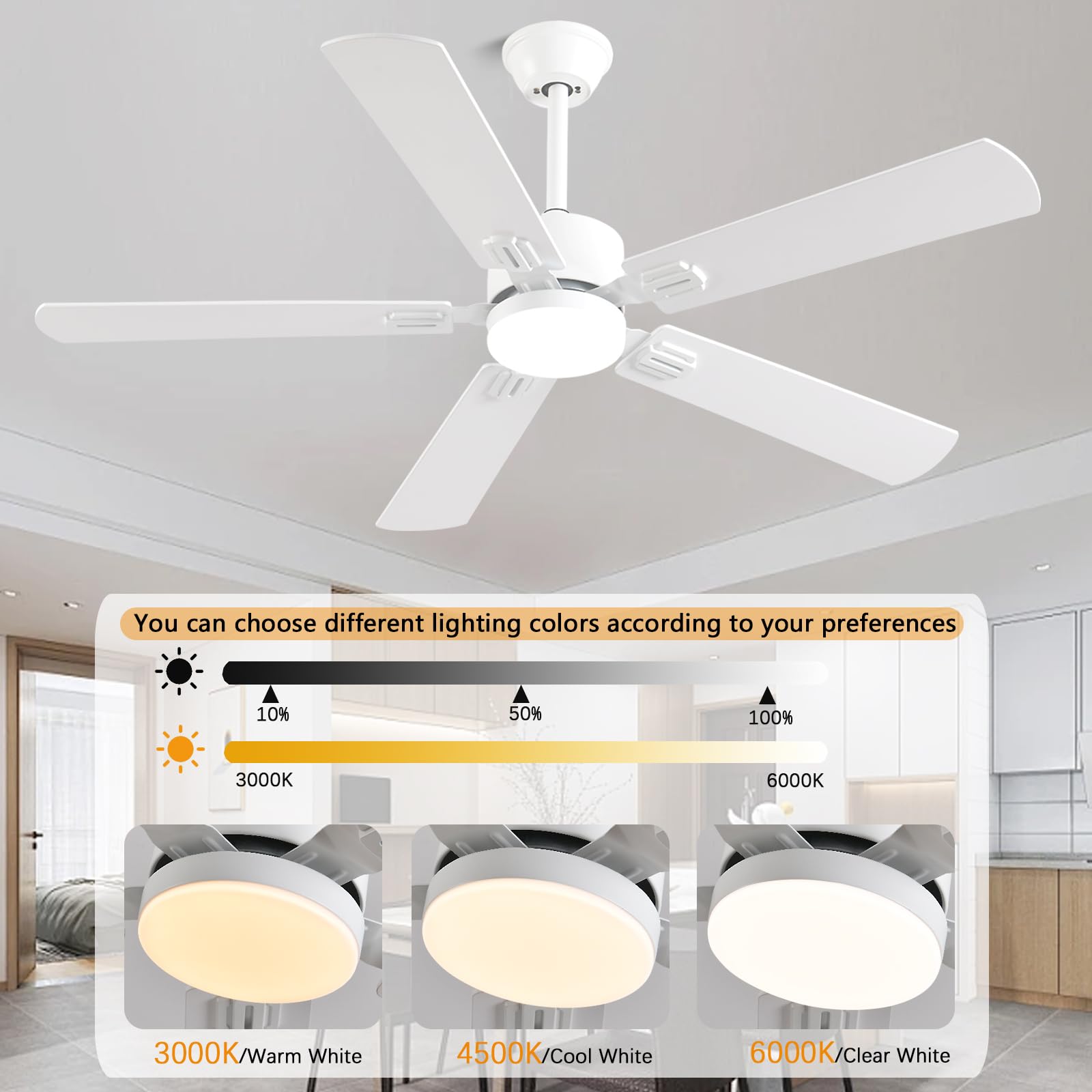 Fumltp 56Inch Modern White Ceiling Fans With Lights And Remote/App Control, Dimmable Led, Reversible Dc Motor, Noiseless, 6 Spee