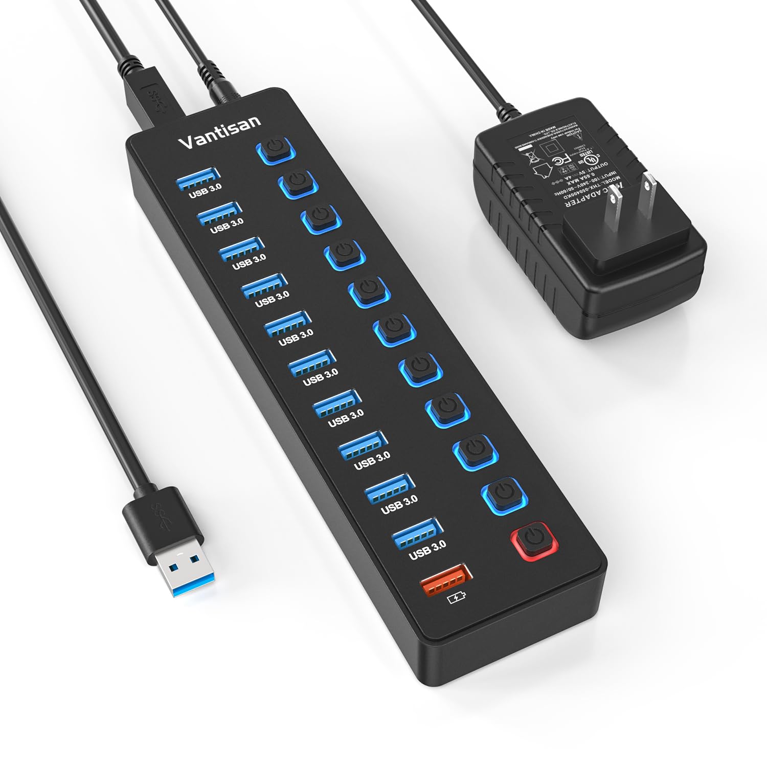 Powered Usb Hub, 11 Port Usb 3.0 Hub Splitter   10 Usb 3.0 Data Transfer Ports + 1 Smart Charging Port, Usb Hub 3.0 Powered With