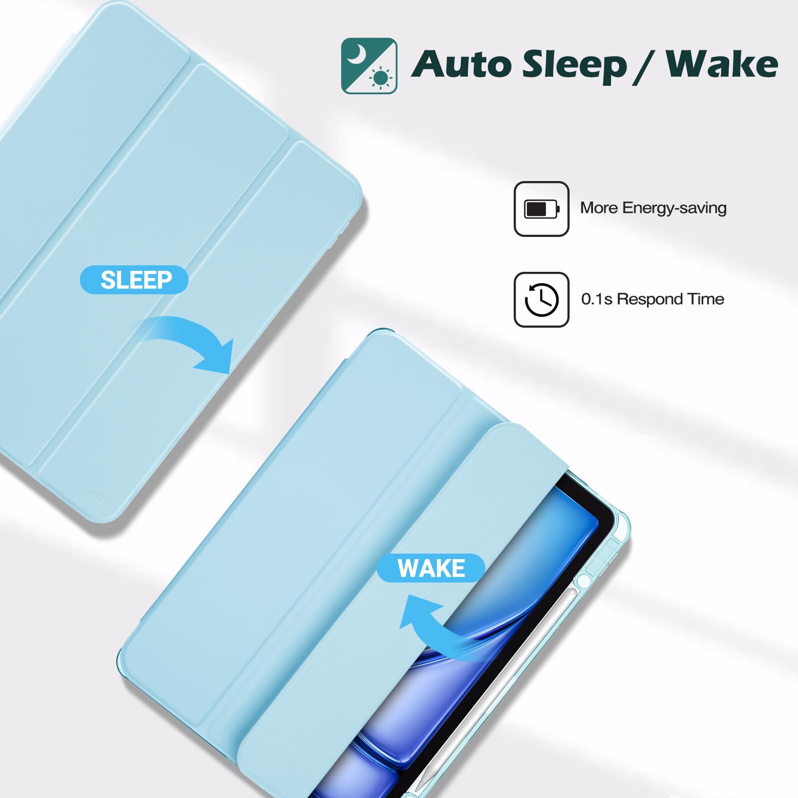 Procase For Ipad Air 13 Inch Case M3 2025/M2 2024 With Pencil Holder, Hybrid Smart Cover Ipad 13 Air M3 M2 Case With Clear Transparent Back, Supports Touch Id, Auto Wake/Sleep  Skyblue