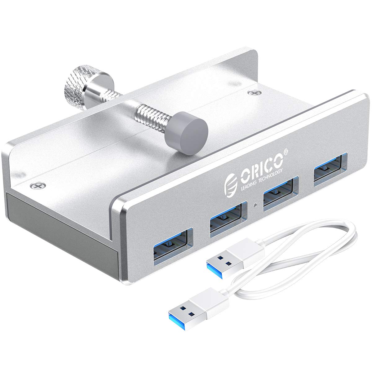 ORICO USB 3.0 Hub, USB Hub Clamp, Aluminum 4 Port USB Splitter with 4.92 FT USB Data Cable, Desktop Powered USB Hub for Monitors/Desks Silver (Without Power Adapter)