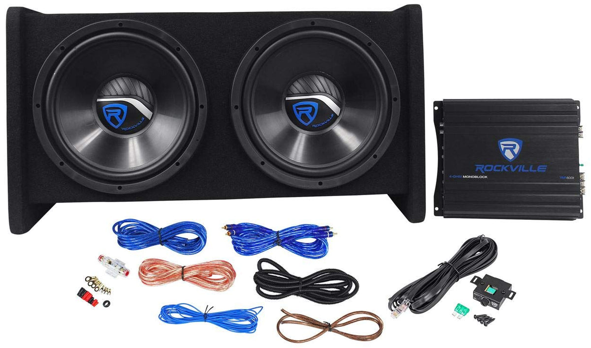 Rockville RV12.2B 1200W Dual 12' Car Subwoofer Enclosure+Mono Amplifier+Amp Kit