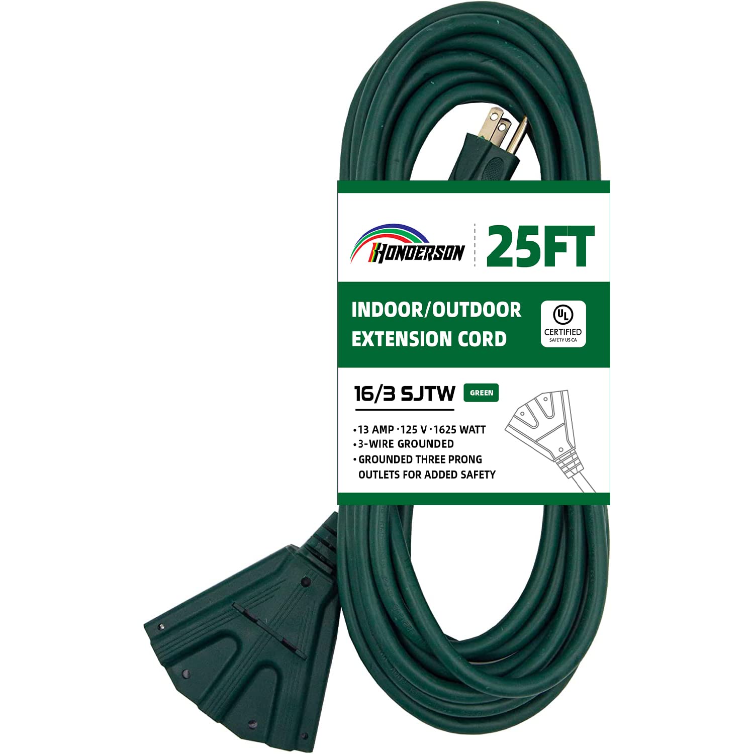 Honderson 3 Outlets Indoor Outdoor Extension Cord Weatherproof, Ul Listed, 16 Gauge 25Ft Green 3 Prong Heavy Duty, 16/3 Sjtw 13A