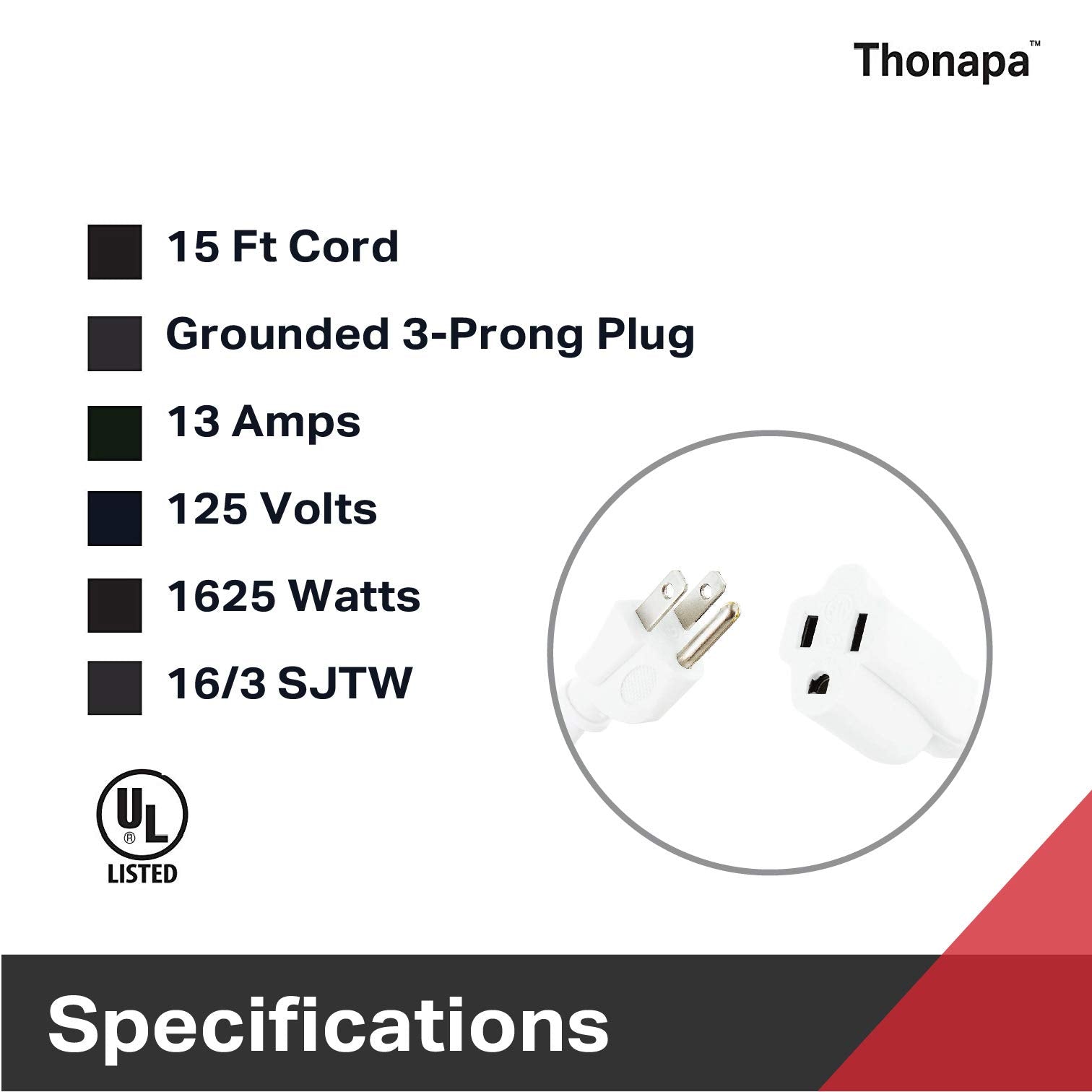 Thonapa 15 Ft Extension Cord With 3 Prong   White Extension Cord 15Ft   16/3 Sjtw Electrical Cable Great For Home & Office