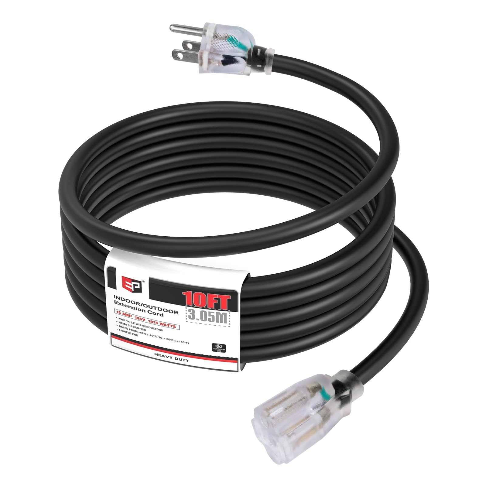 Ep 10Ft 14/3 Lighted Outdoor Extension Cord   14 Gauge 3 Prong Sjtw Heavy Duty Black Extension Cable With 3 Prong Grounded Plug