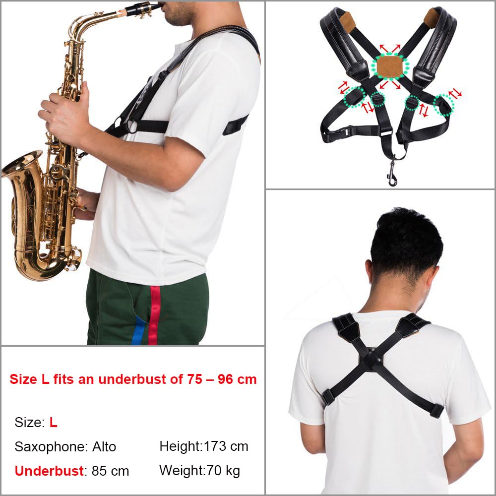 Rayzm Saxophone Strap, Universal Double Shoulder Leather Strap For Sax, Adjustable Padded Harness Strap For Alto Tenor Baritone