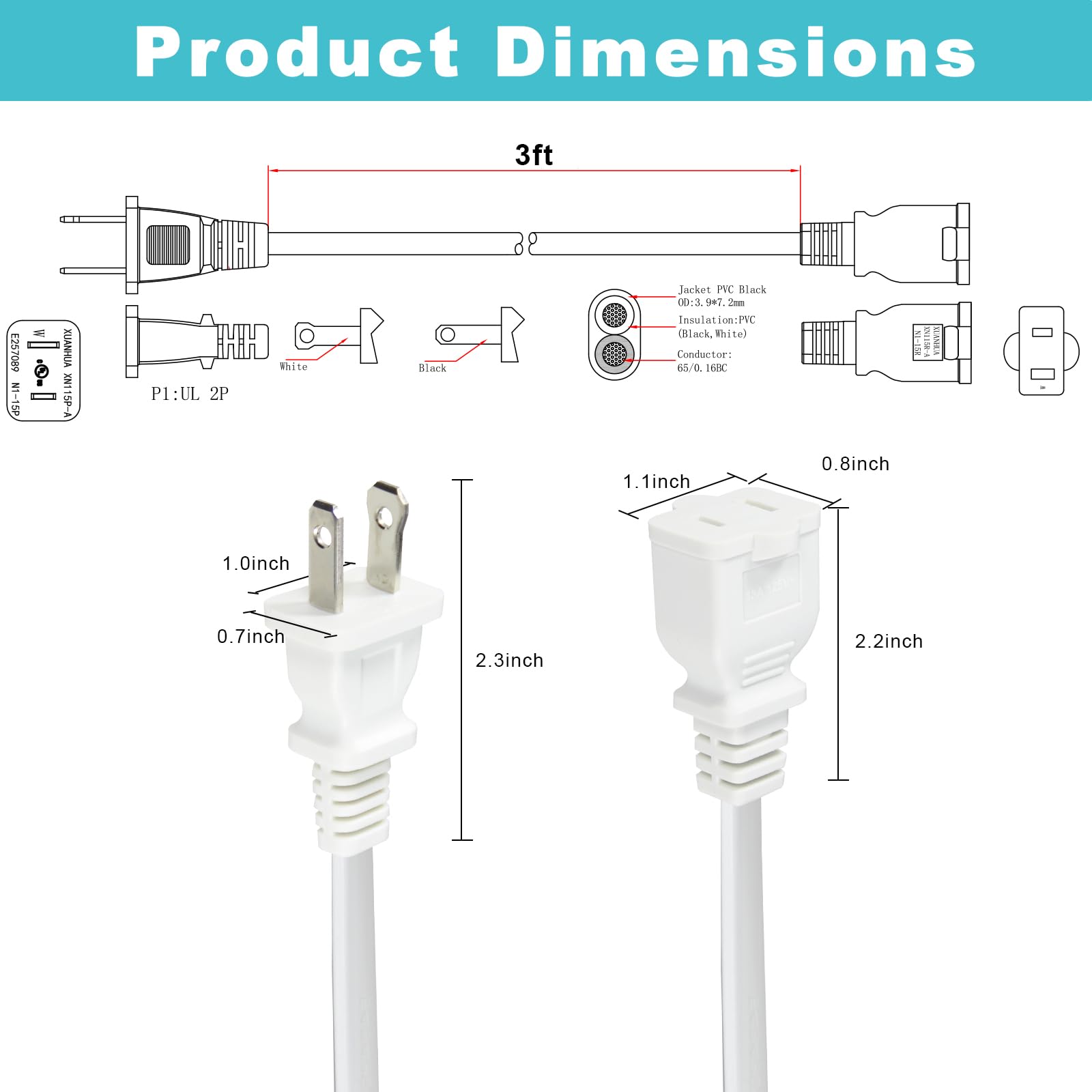 3Ft Polarized 2Prong Extension Cord   White Replacement Us Ac Two Prong Male To Female Extension Cord,16Awg 13A 125V Short Low P