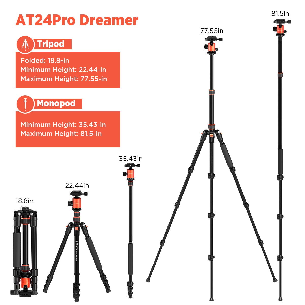 Geekoto 77�� Tripod, Camera Tripod For Dslr, Compact Aluminum Tripod With 360 Degree Ball Head And 8Kgs Load For Travel And Work