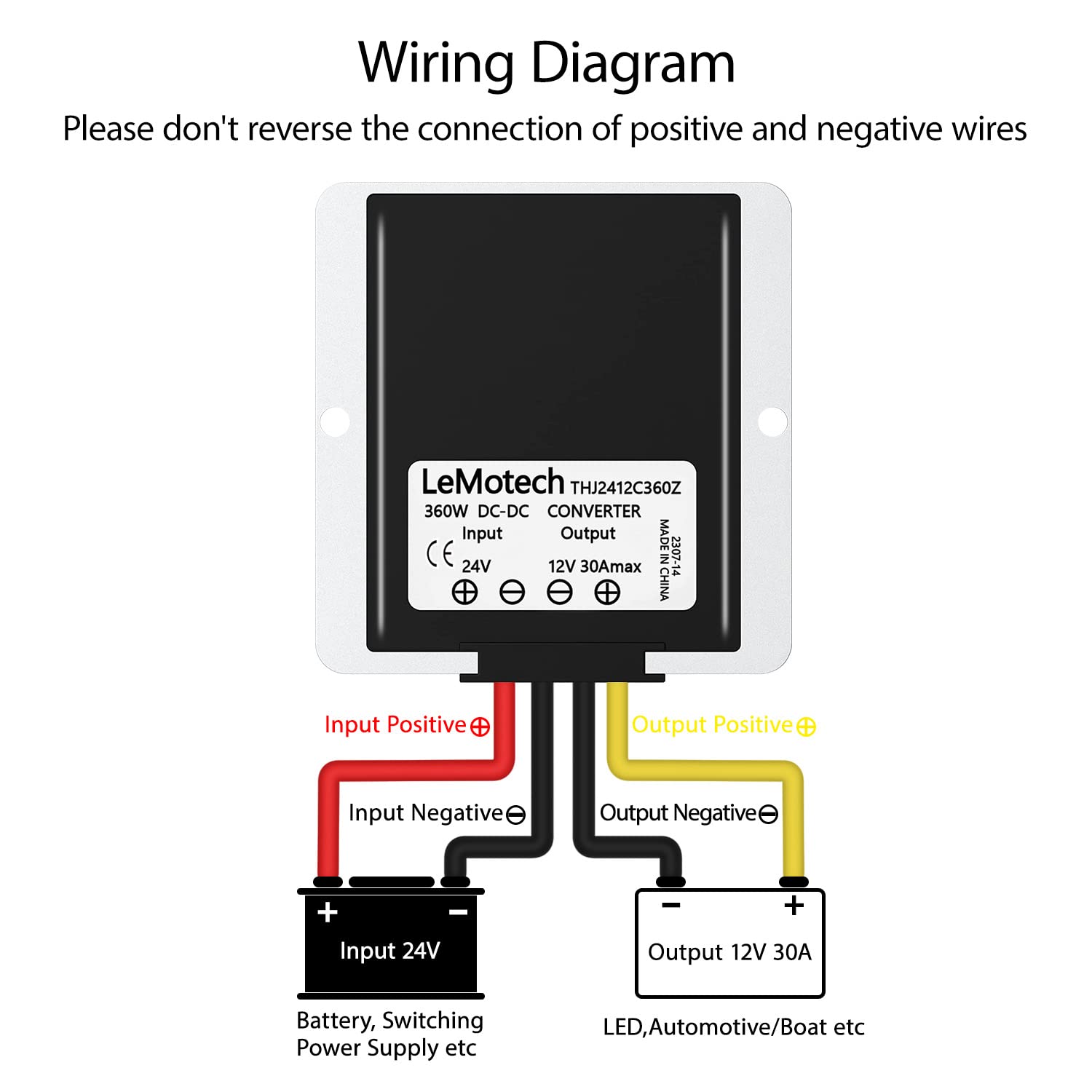 Lemotech Dc 24V To 12V Converter 30A 360W Step Down Converter Voltage Reducer Ip68 Waterproof Transformer For Golf Cart Truck Bo