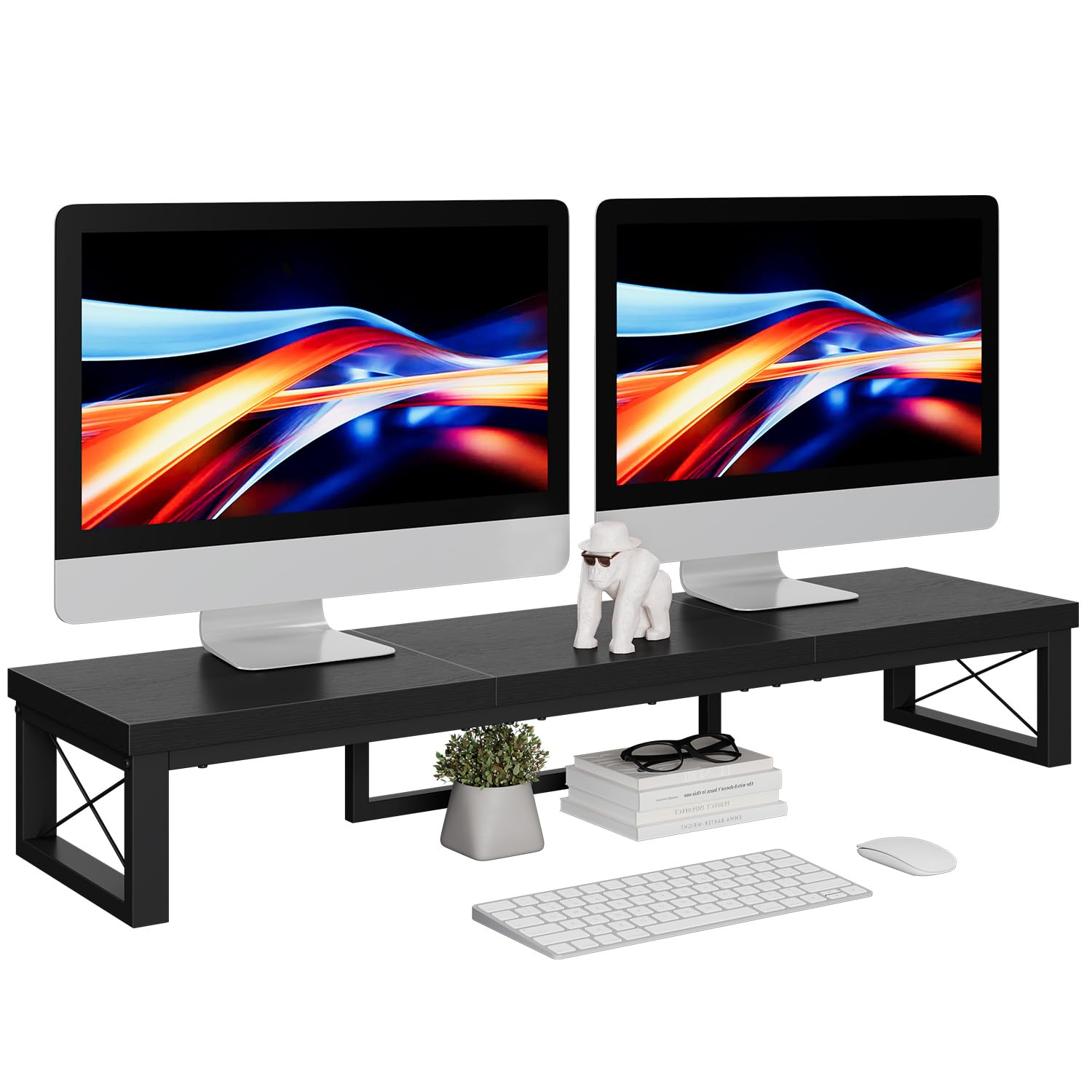 IBUYKE Large Dual Monitor Stand Riser for 2 Monitors, Wooden Desktop Computer Monitor Stand Storage Shelf and Steel Legs,Dual Sc